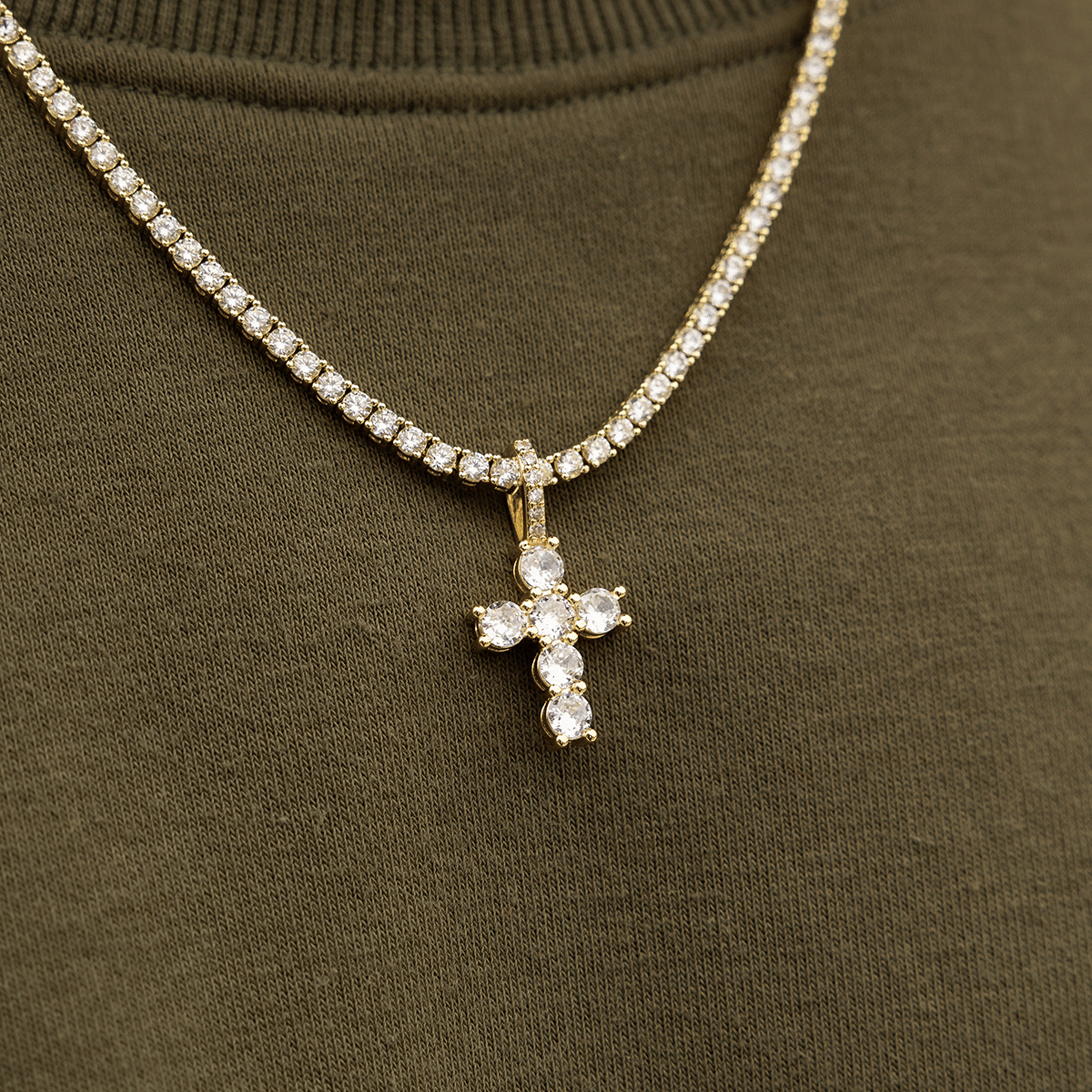 GLD Men Iced Micro Round Cross in Yellow Gold