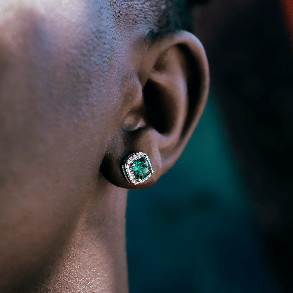 GLD Men Emerald Cushion Cut Earrings in White Gold