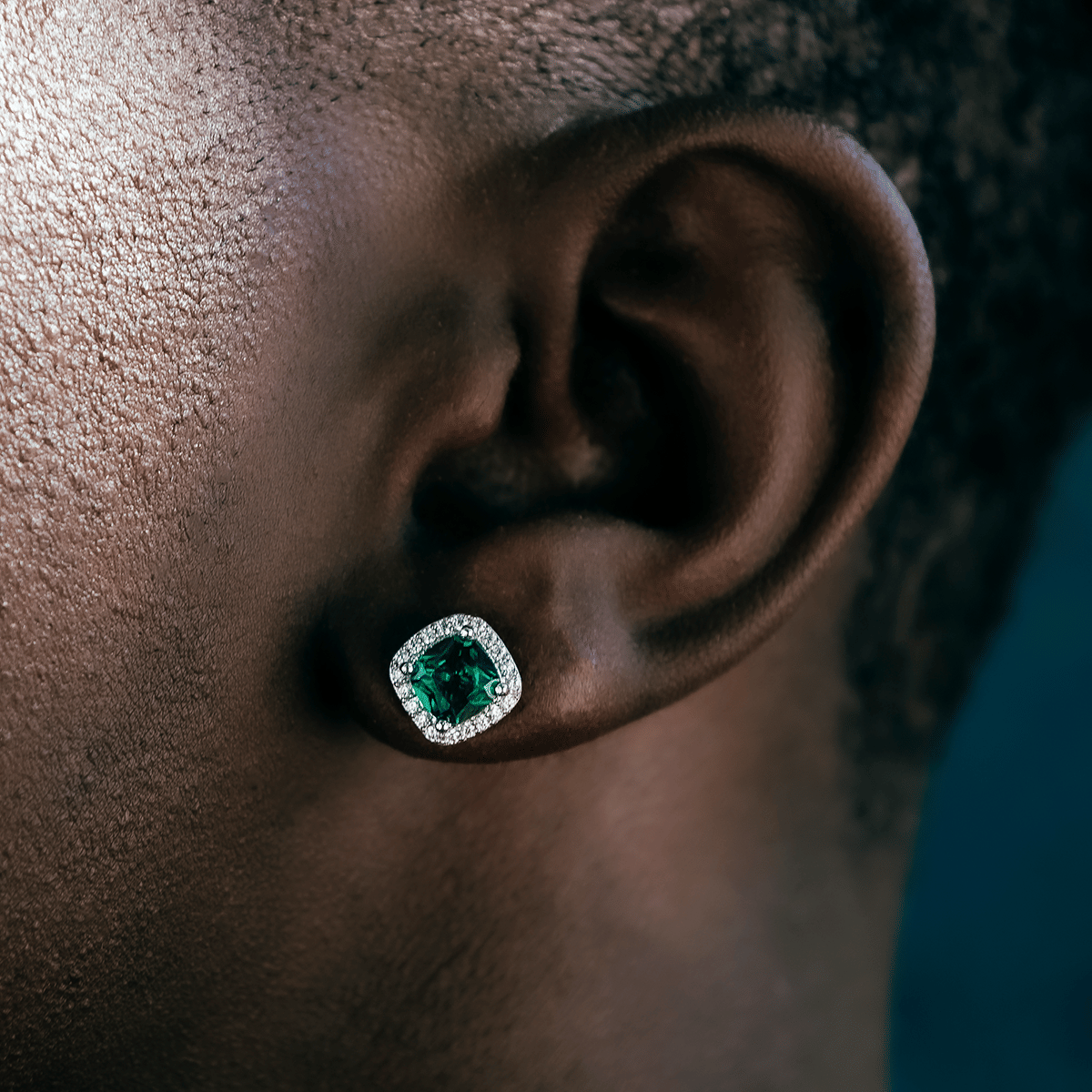 GLD Men Emerald Cushion Cut Earrings in White Gold