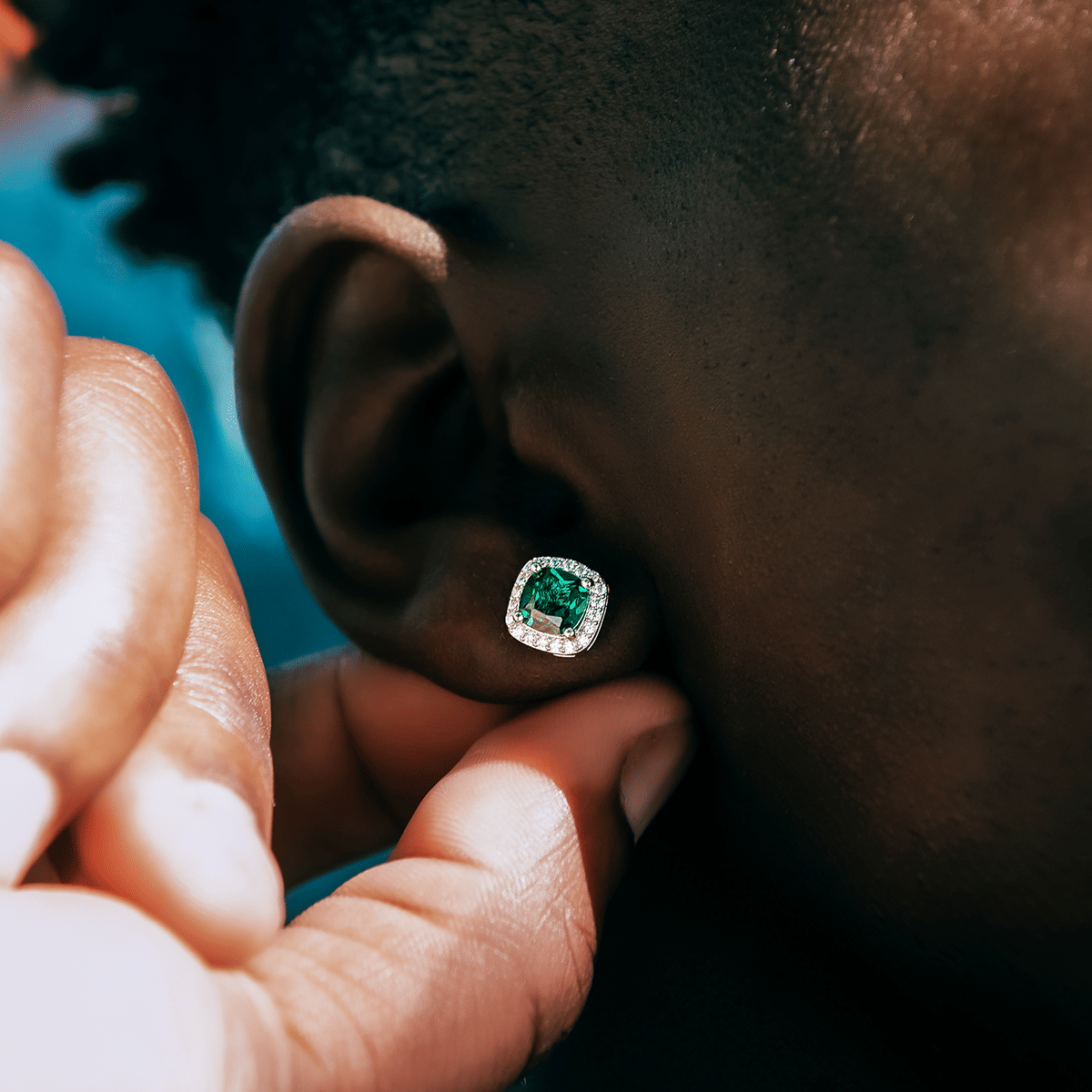GLD Men Emerald Cushion Cut Earrings in White Gold