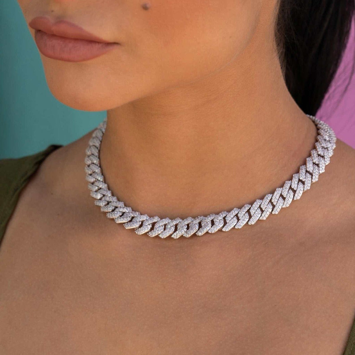GLD PROMO - WOMEN Diamond Prong Link Necklace in White Gold - 12 mm