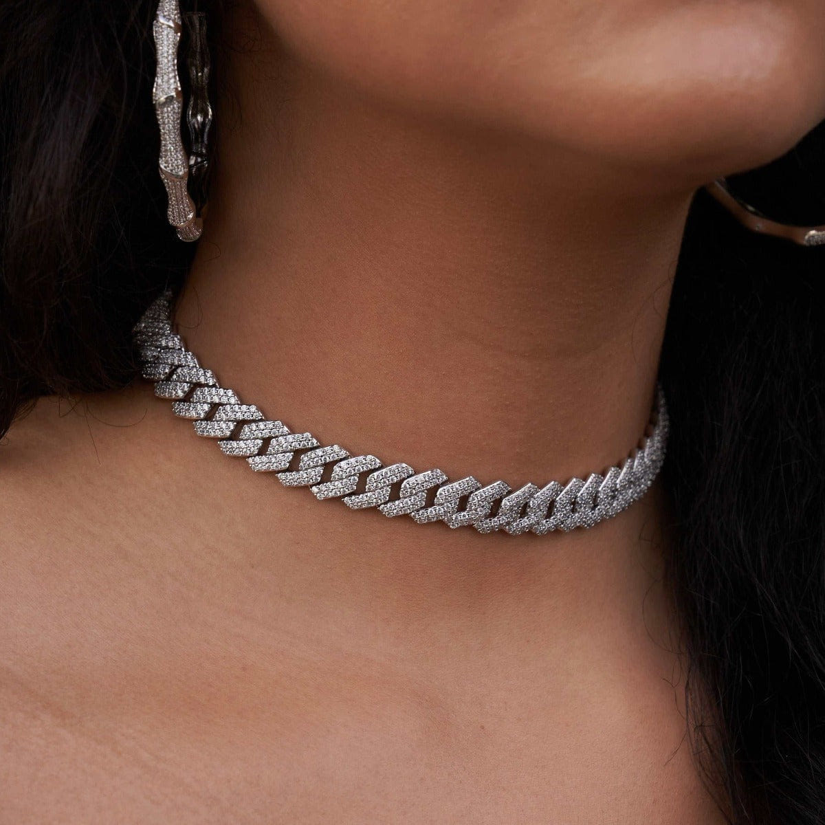 GLD PROMO - WOMEN Diamond Prong Link Necklace in White Gold - 12 mm