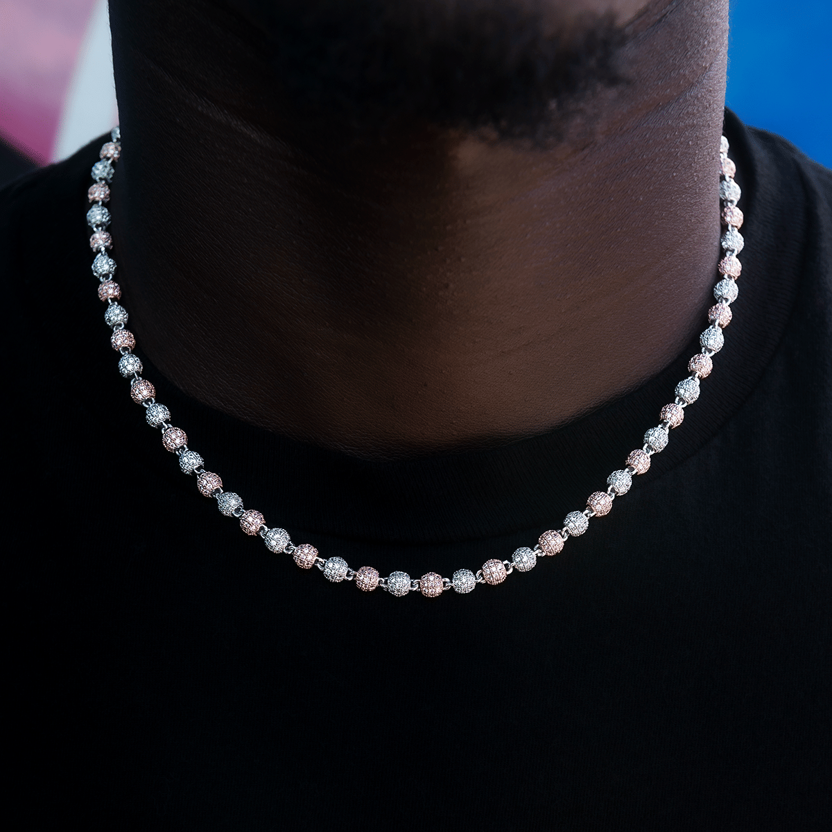 GLD Men Iced Ball Chain in Rose/White Gold - 4 mm