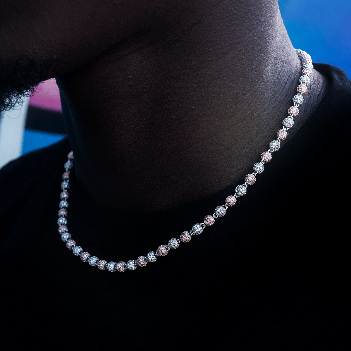 GLD Men Iced Ball Chain in Rose/White Gold - 4 mm