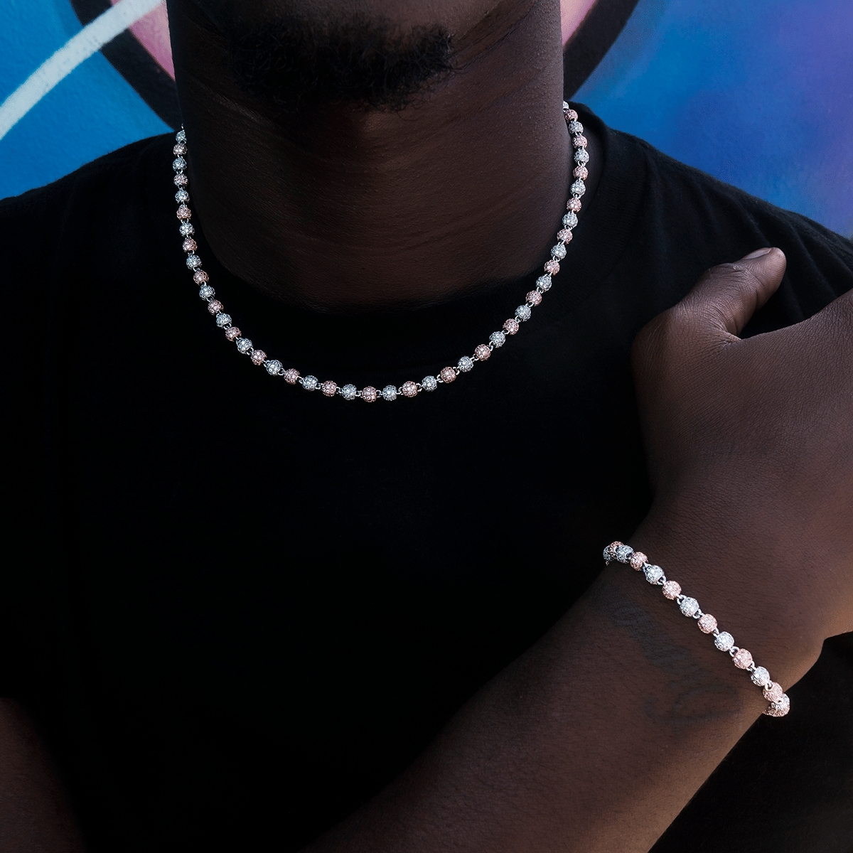 GLD Men Iced Ball Chain in Rose/White Gold - 4 mm