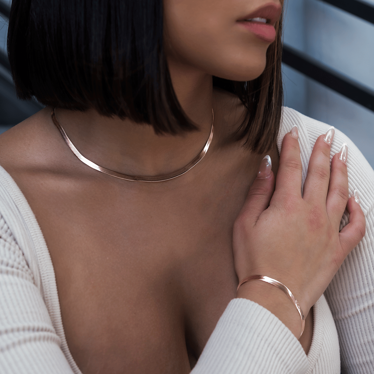GLD Women Herringbone Necklace in Rose Gold - 4 mm