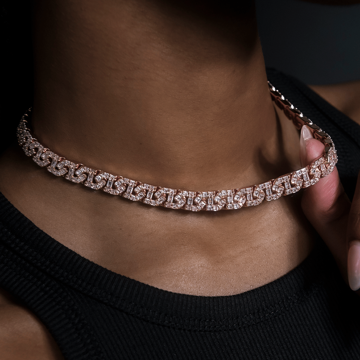 GLD Women Baguette Chain Link Necklace in Rose Gold - 8 mm