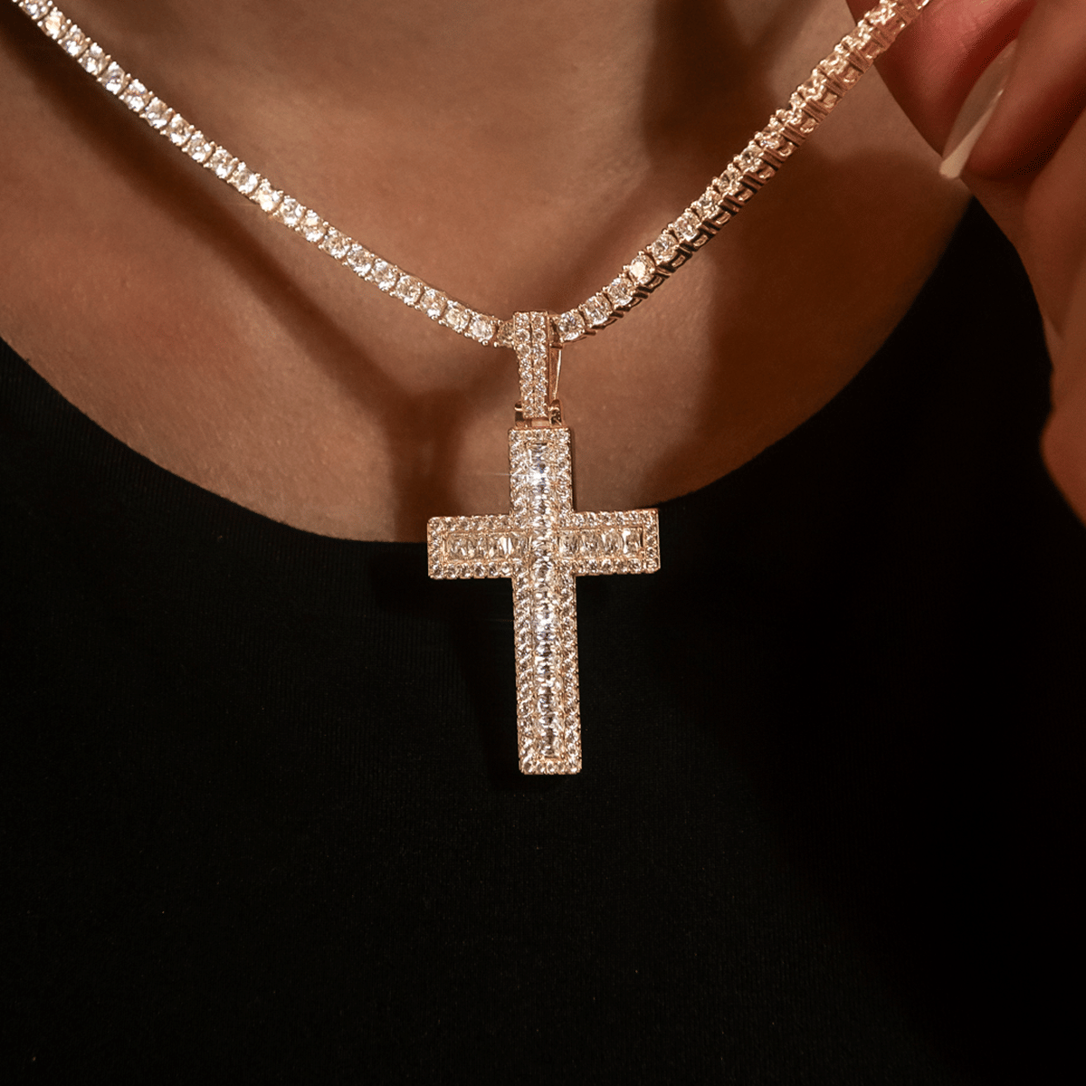 GLD Women Diamond Baguette Cross Pendant in Yellow Gold