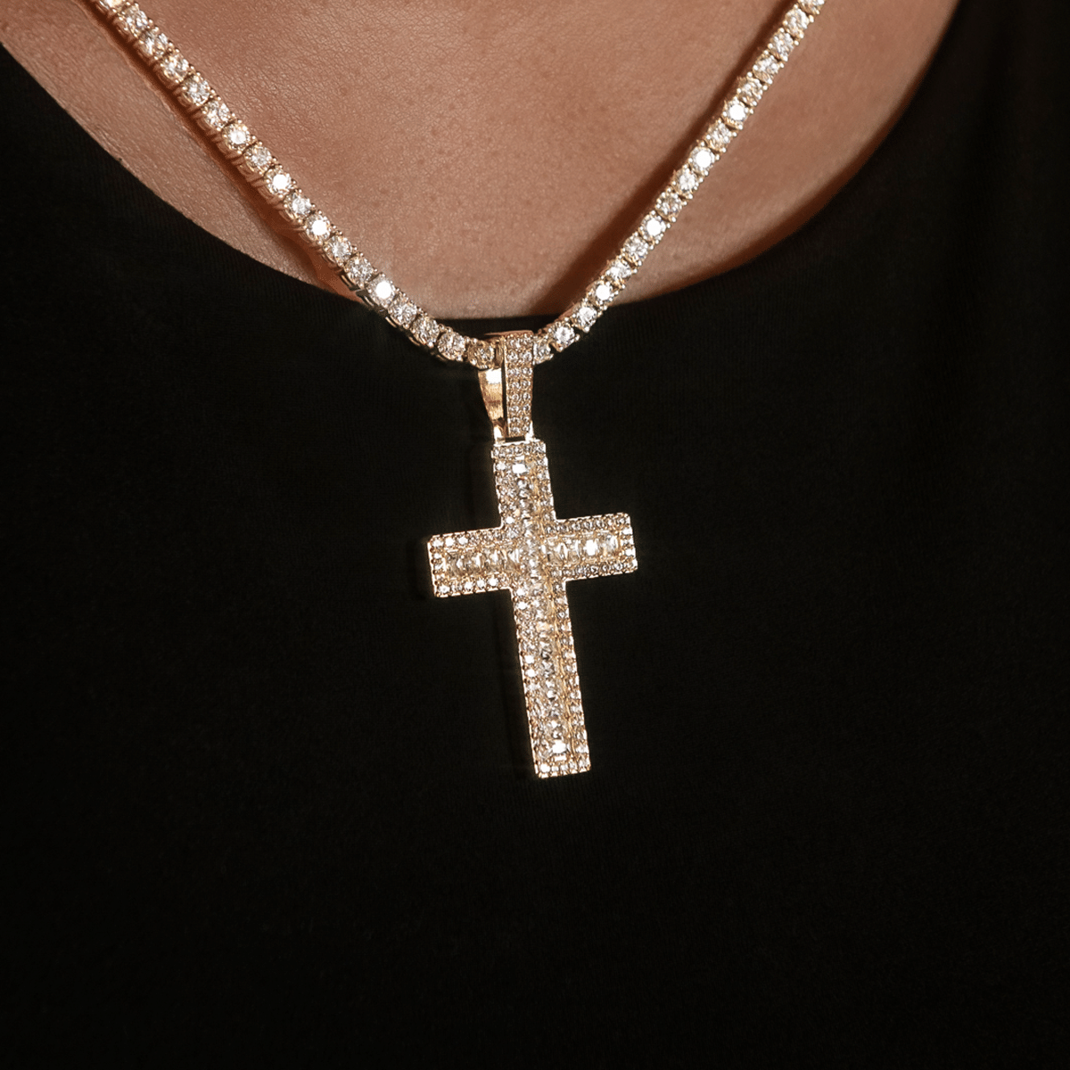 GLD Women Diamond Baguette Cross Pendant in Yellow Gold