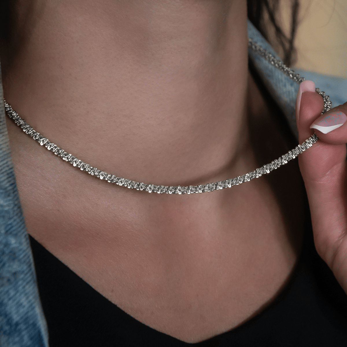 GLD Women Popcorn Necklace in White Gold - 4 mm