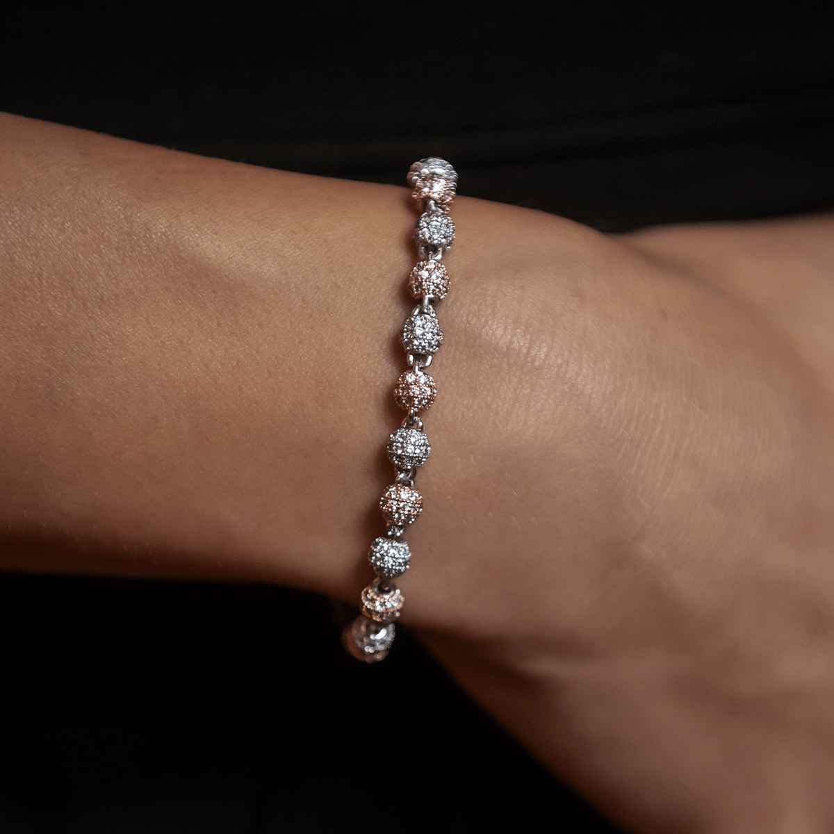 GLD Women Iced Ball Bracelet in Rose/White Gold - 4 mm