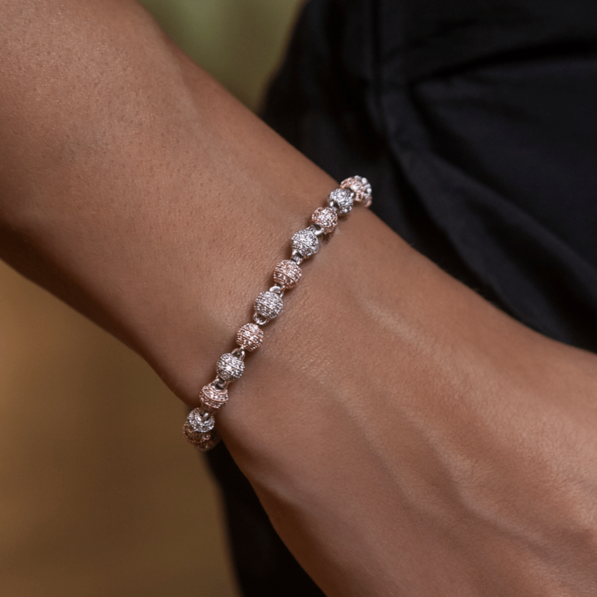 GLD Women Iced Ball Bracelet in Rose/White Gold - 4 mm