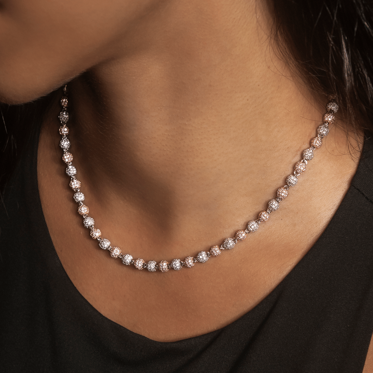 GLD Women Iced Ball Necklace in Rose/White Gold - 4 mm