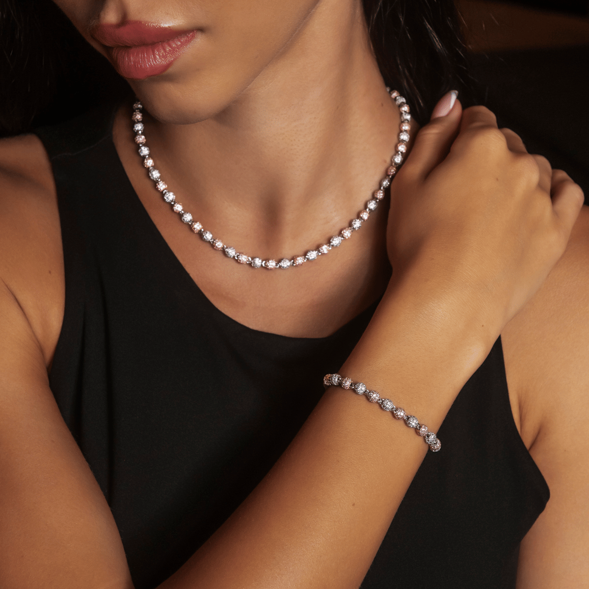 GLD Women Iced Ball Necklace in Rose/White Gold - 4 mm