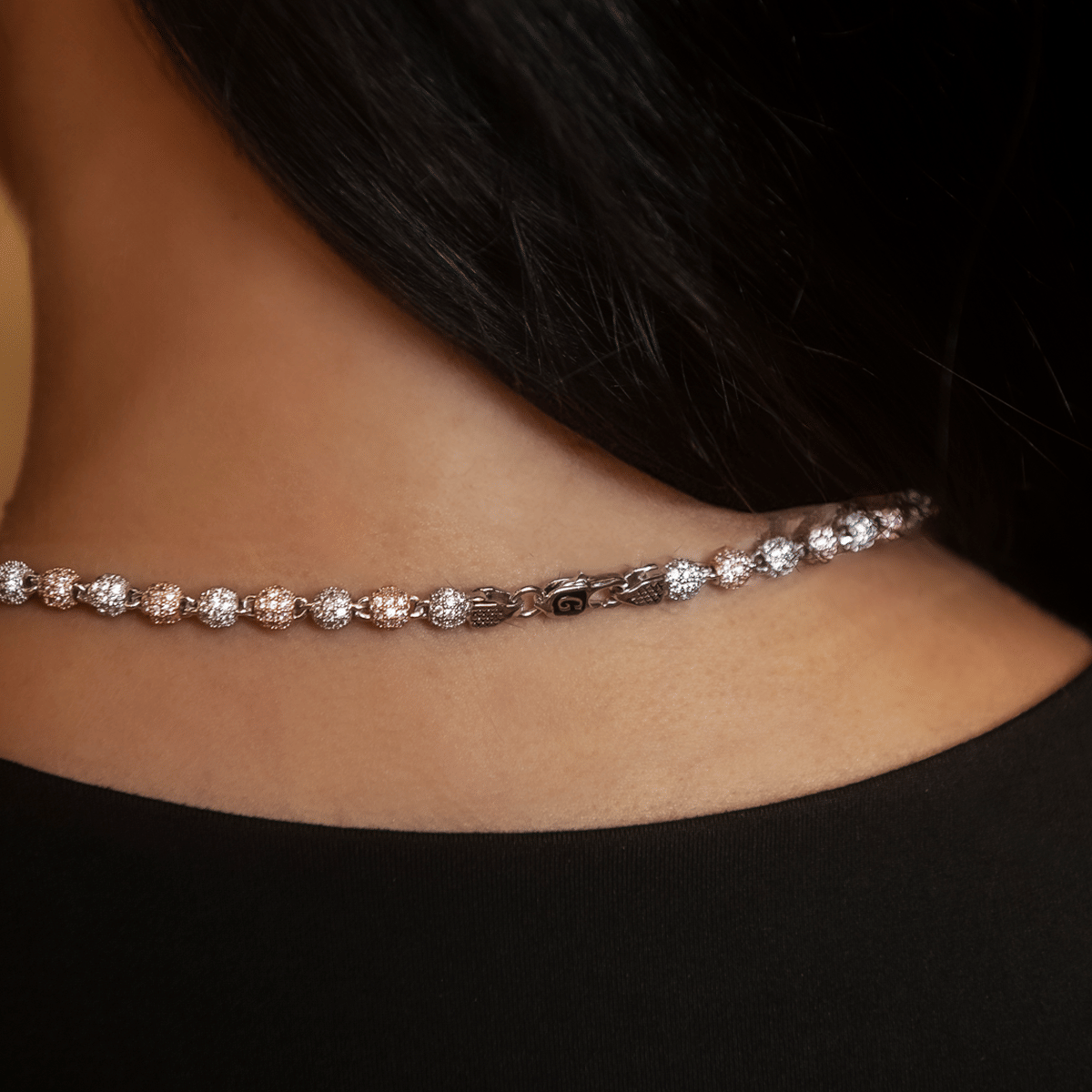 GLD Women Iced Ball Necklace in Rose/White Gold - 4 mm
