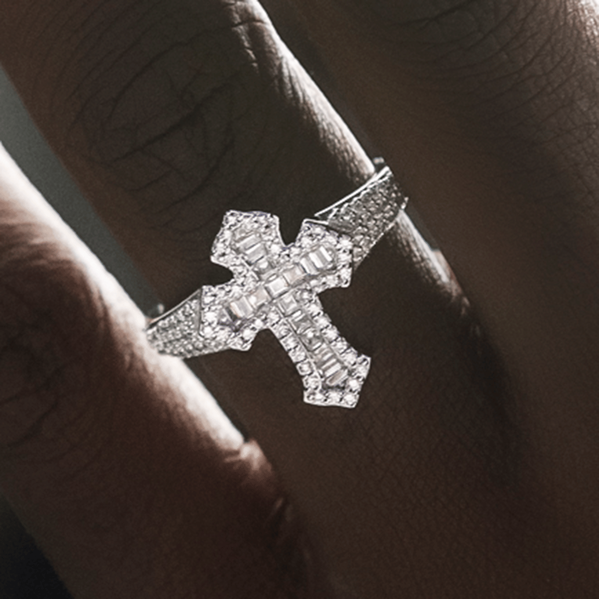 GLD Men Diamond Baguette Gothic Cross Ring in White Gold Vermeil