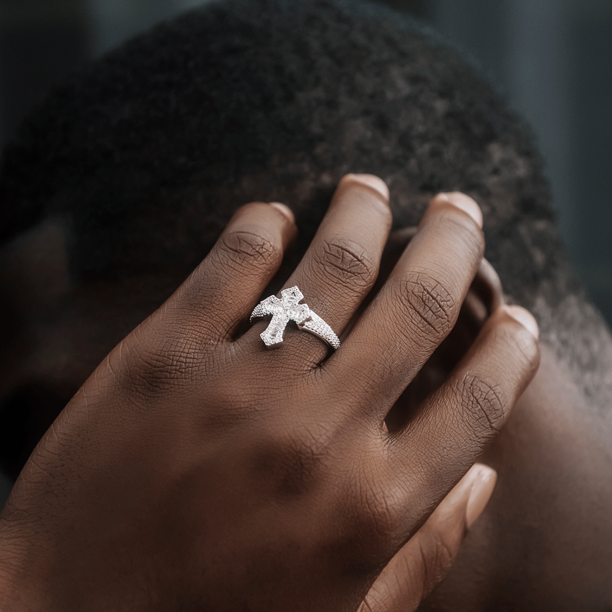 GLD Men Diamond Baguette Gothic Cross Ring in White Gold Vermeil