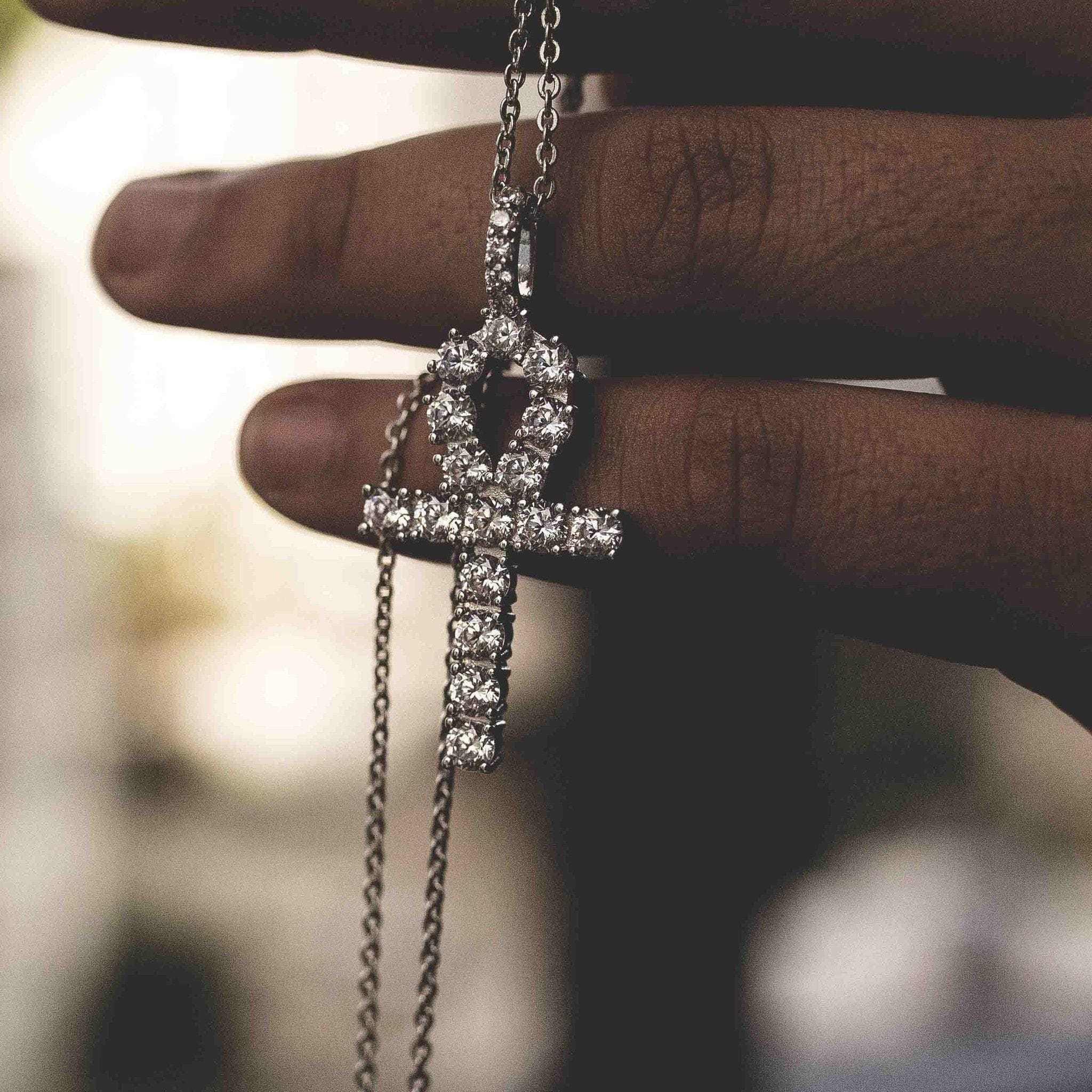 GLD Men Iced Ankh Cross Pendant in White Gold