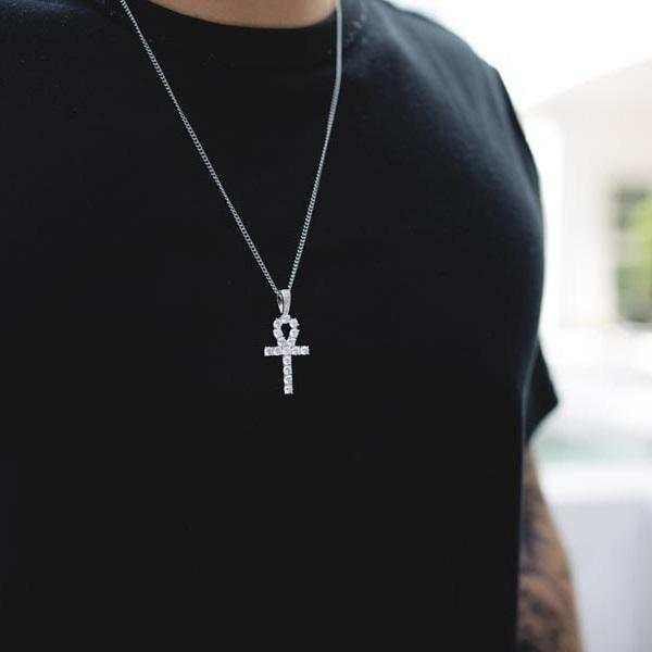 GLD Men Iced Ankh Cross Pendant in White Gold