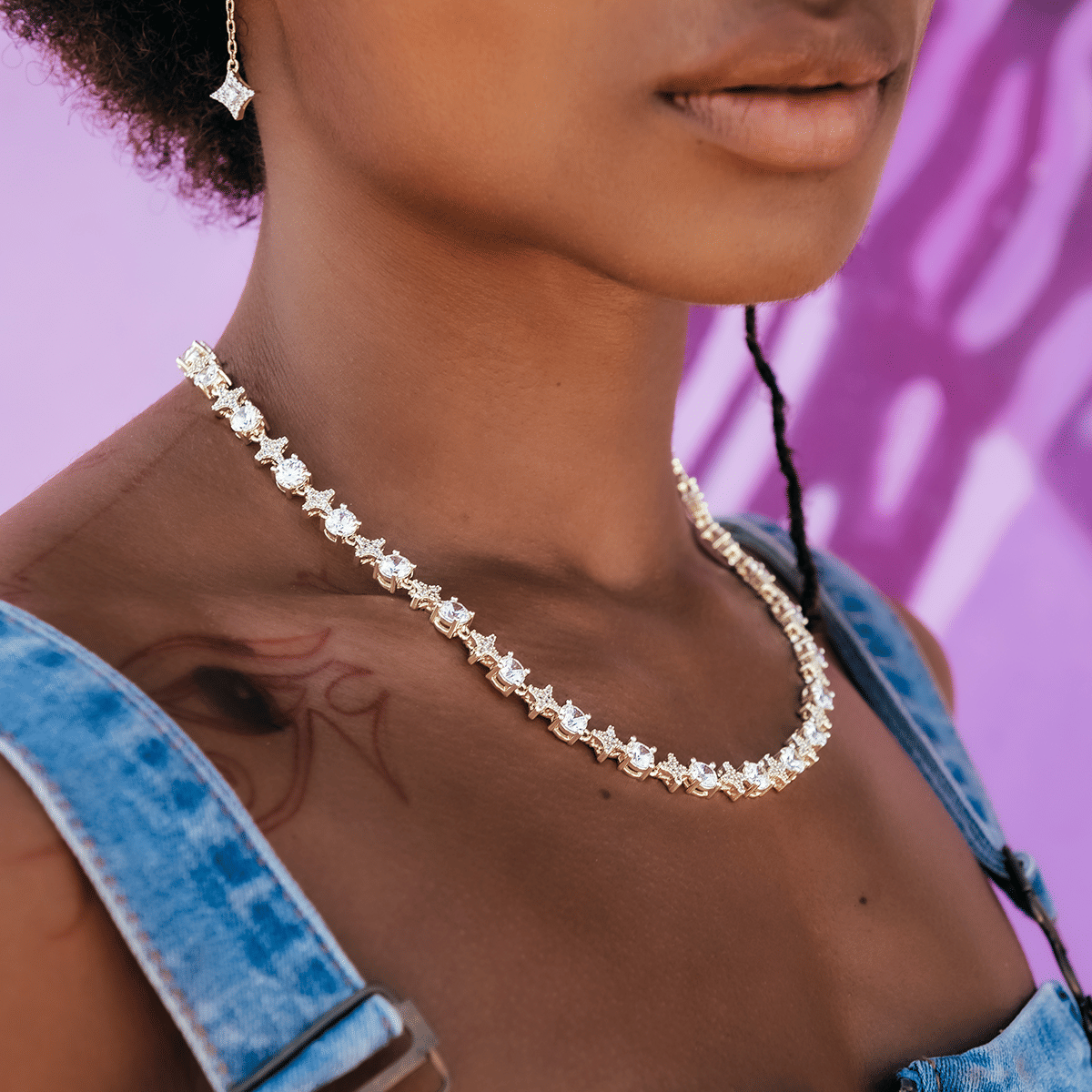 GLD Women Round Stone Star Tennis Necklace