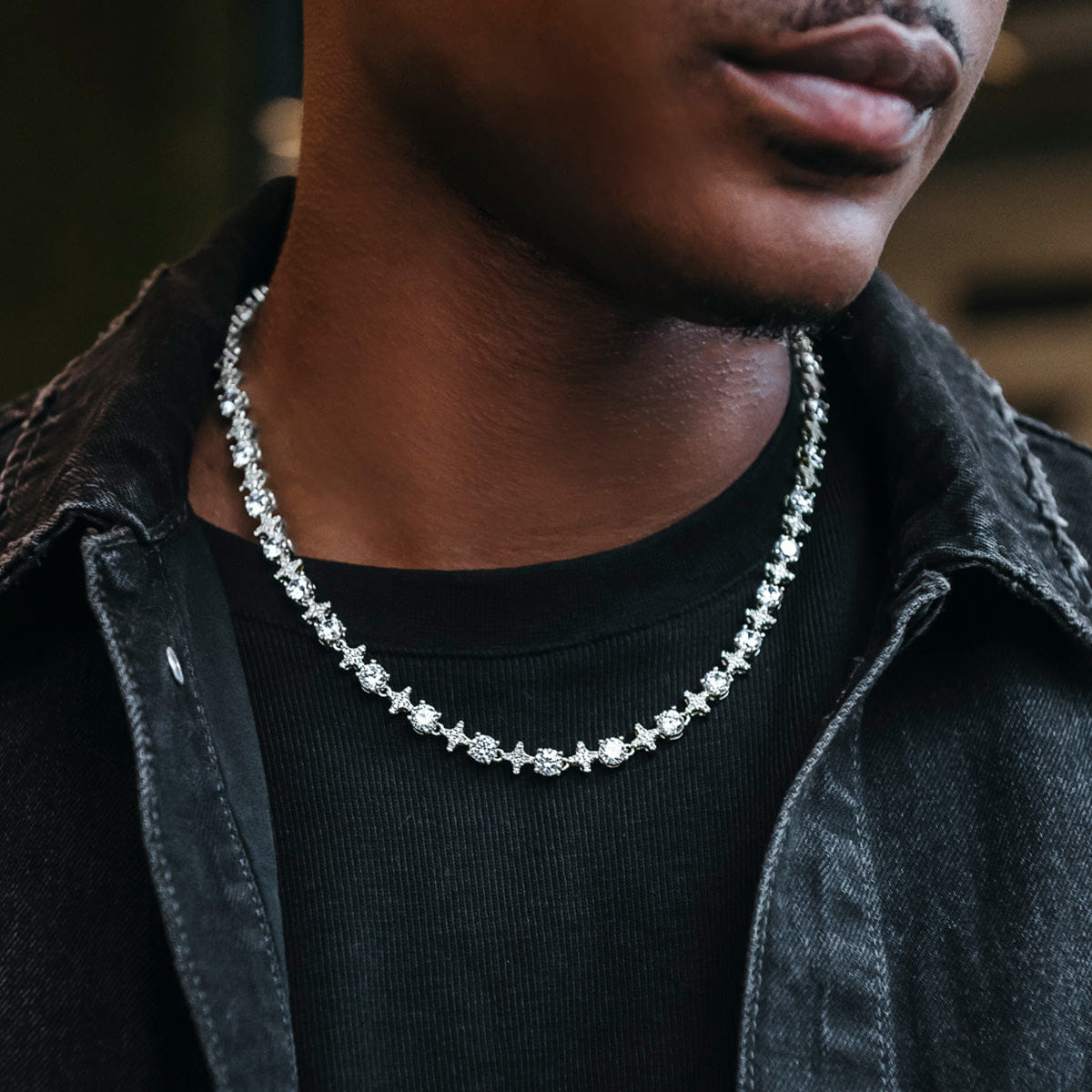 GLD Men Round Stone Star Tennis Chain in White Gold