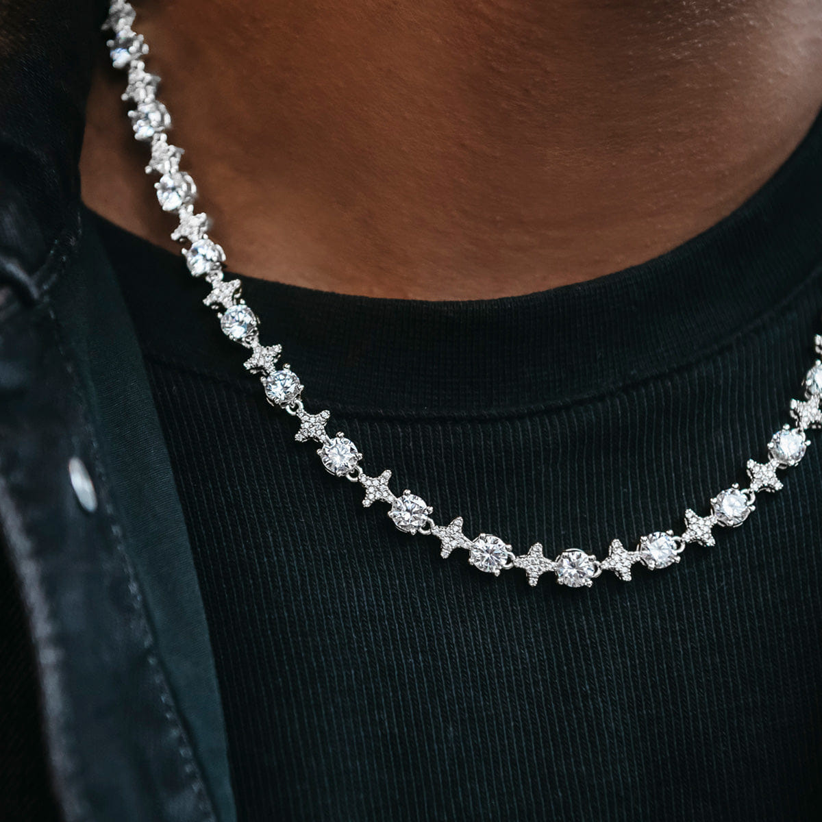 GLD Men Round Stone Star Tennis Chain in White Gold