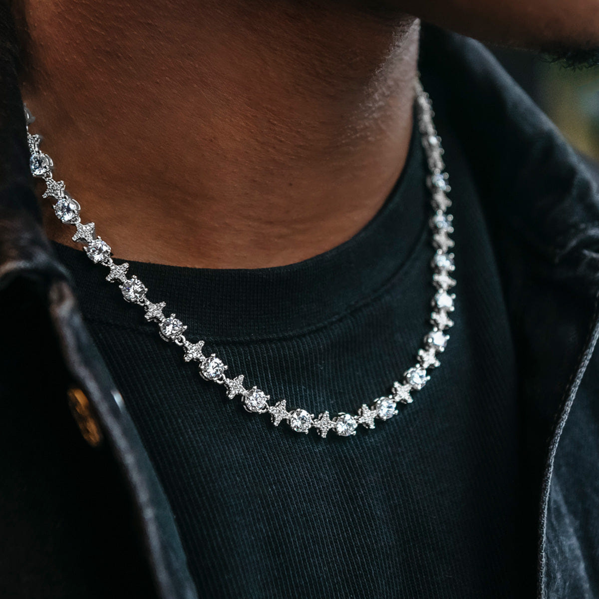 GLD Men Round Stone Star Tennis Chain in White Gold
