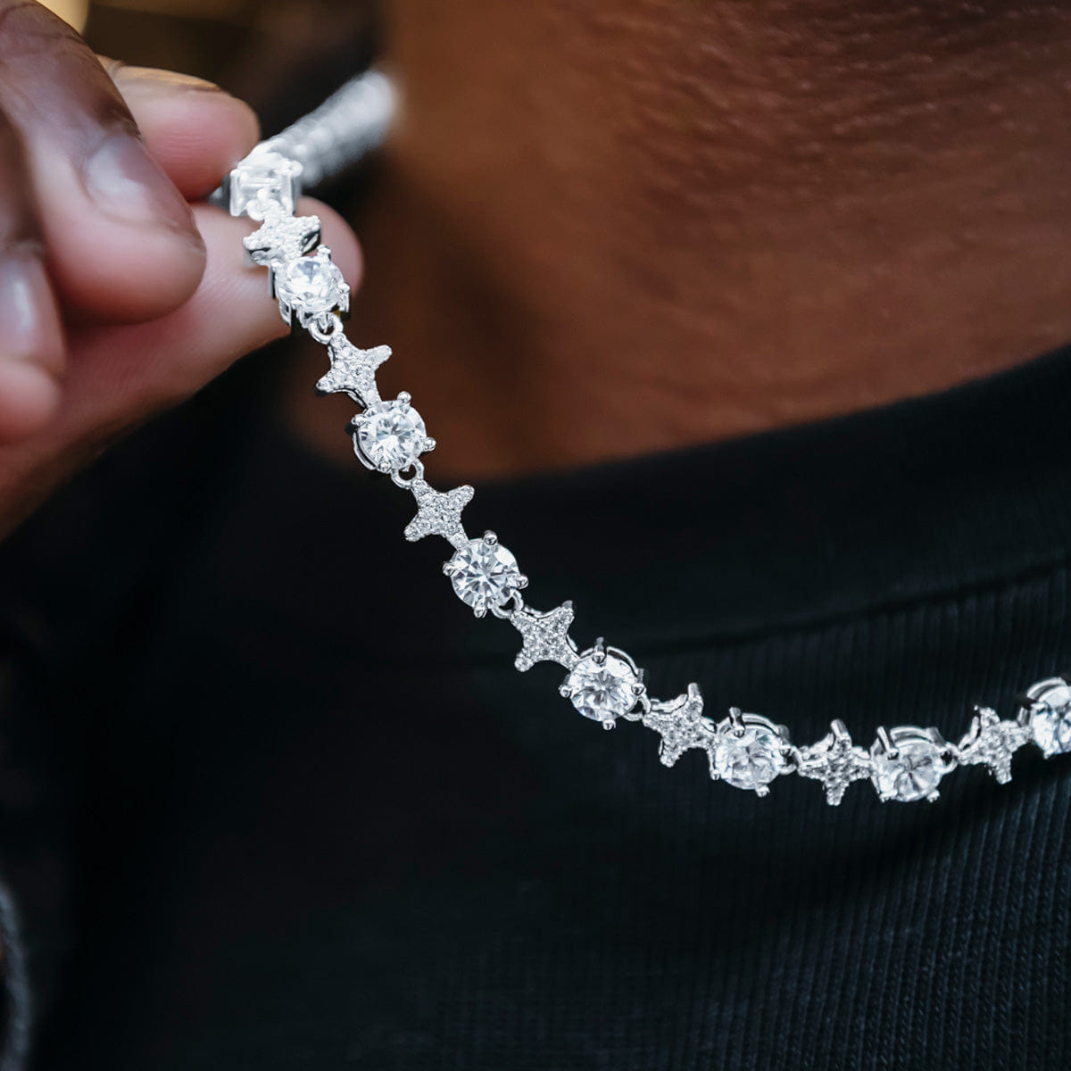 GLD Men Round Stone Star Tennis Chain in White Gold