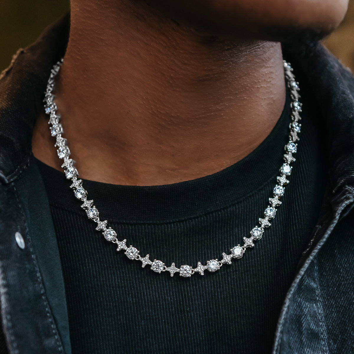 GLD Men Round Stone Star Tennis Chain in White Gold