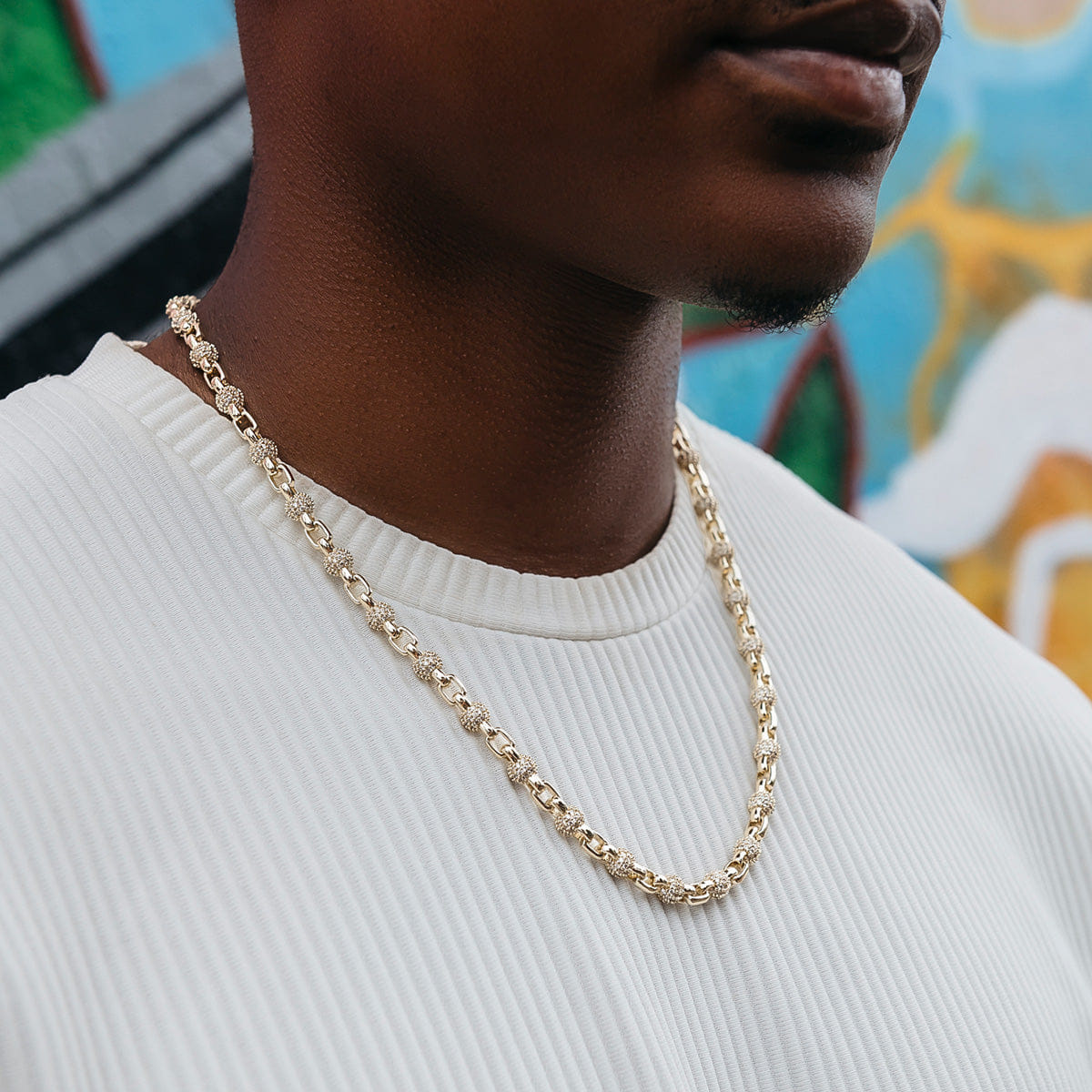 GLD Men Iced Ball Box Link Chain in Yellow Gold