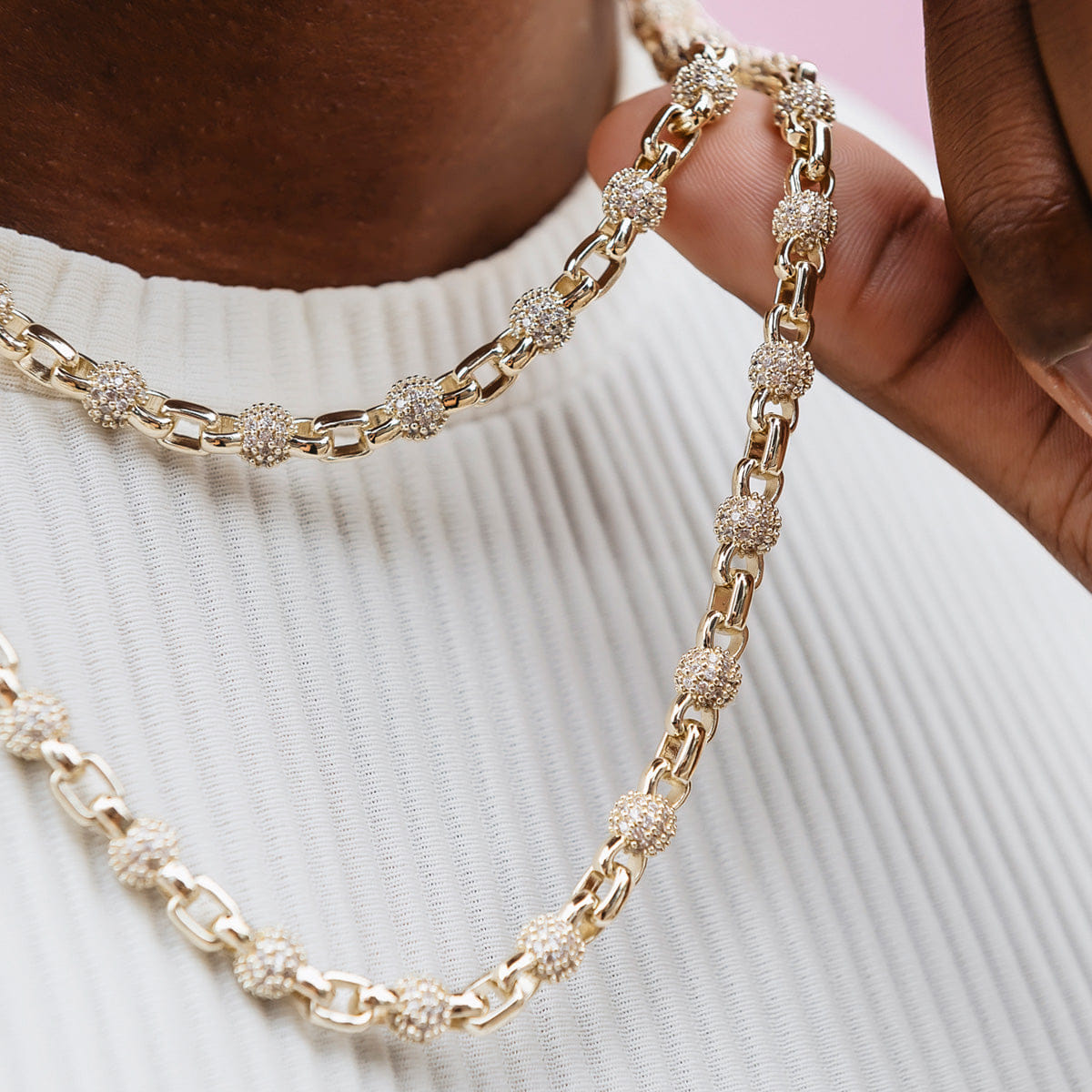 GLD Men Iced Ball Box Link Chain in Yellow Gold