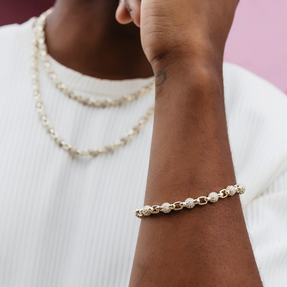 GLD Men Iced Ball Box Link Bracelet in Yellow Gold