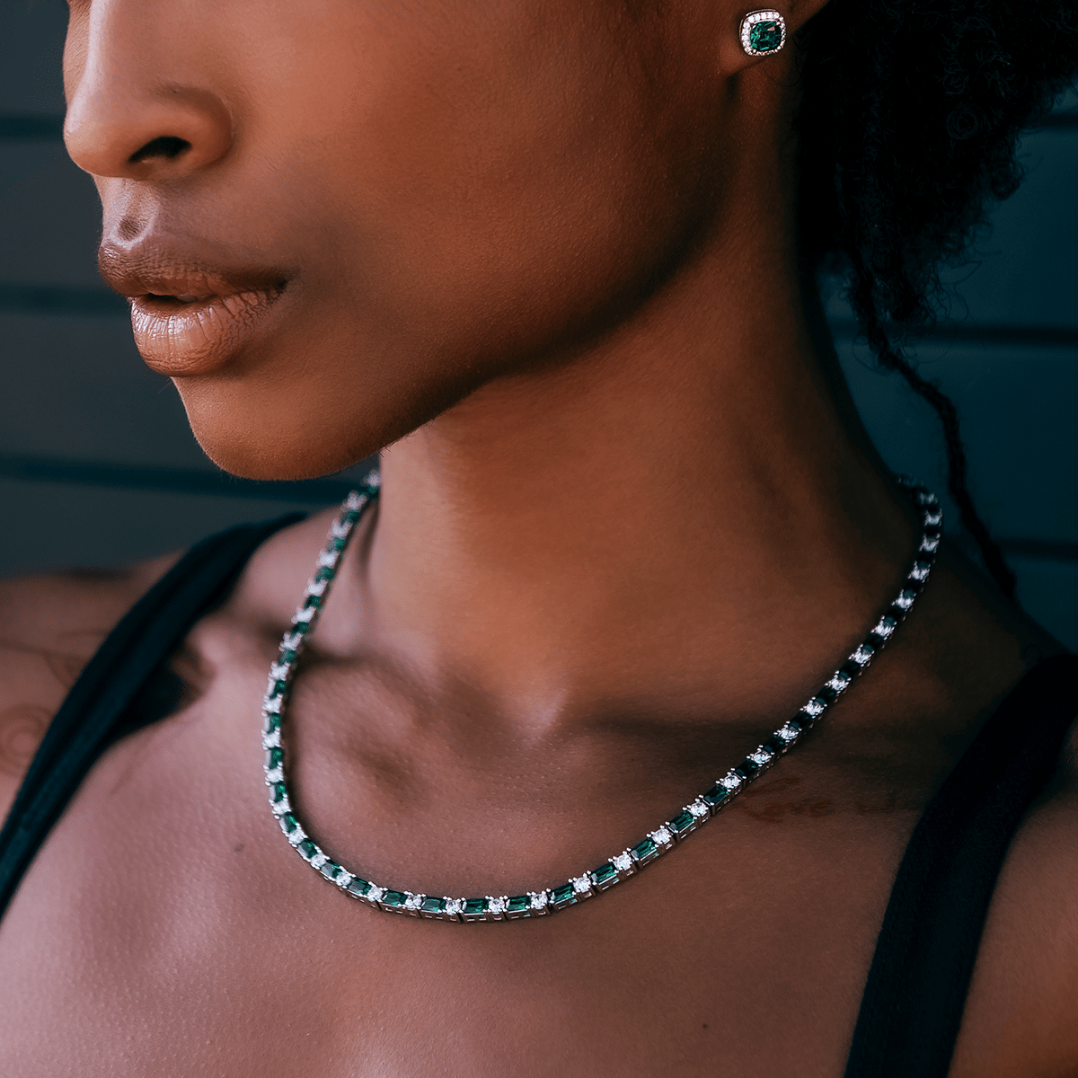 GLD Women Emerald Baguette Tennis Necklace