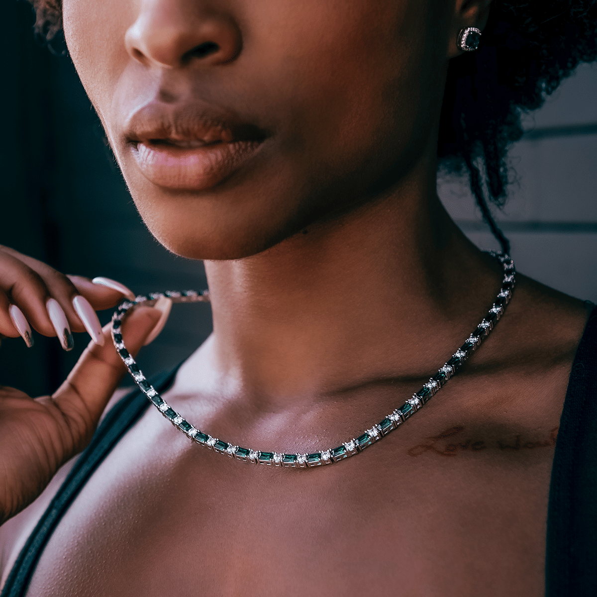 GLD Women Emerald Baguette Tennis Necklace