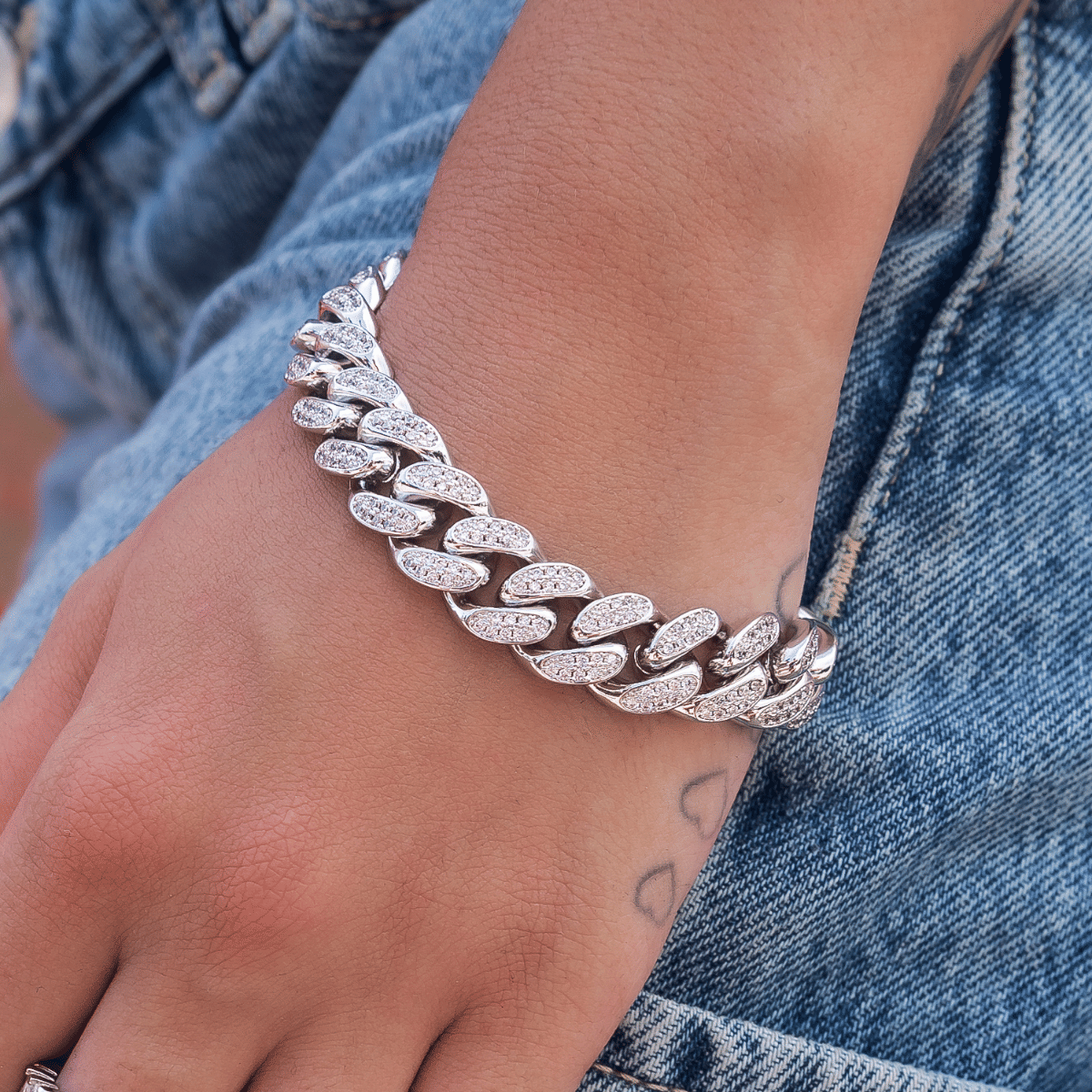 GLD Women Diamond Cuban Link Bracelet in White Gold - 12 mm