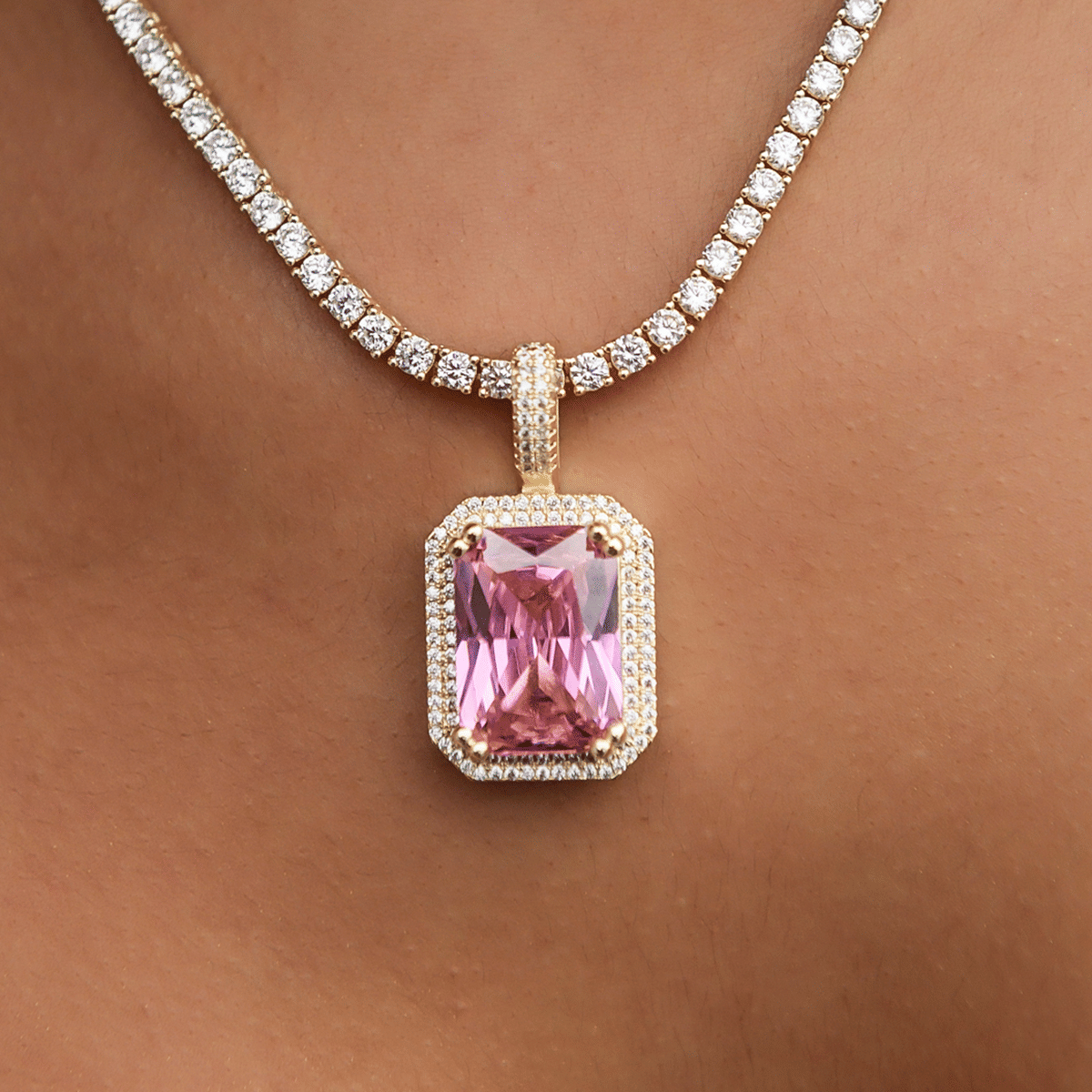 GLD Women Iced Pave Pink Pendant - Yellow Gold