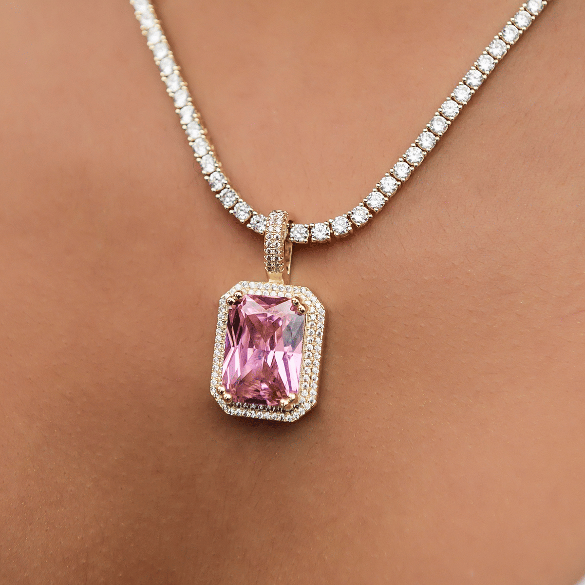 GLD Women Iced Pave Pink Pendant - Yellow Gold