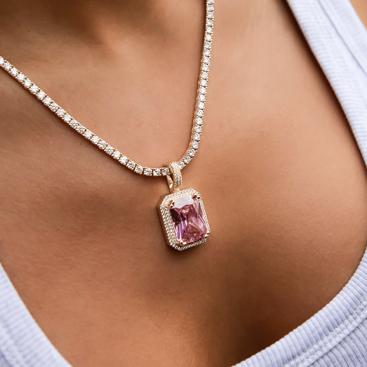 GLD Women Iced Pave Pink Pendant - Yellow Gold