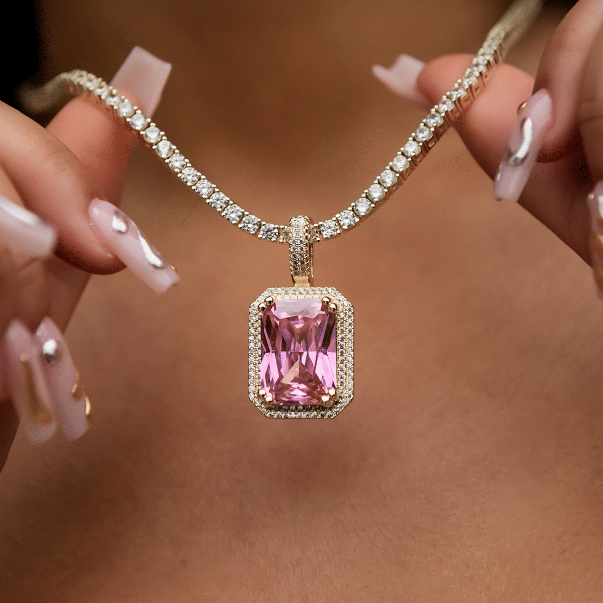 GLD Women Iced Pave Pink Pendant - Yellow Gold