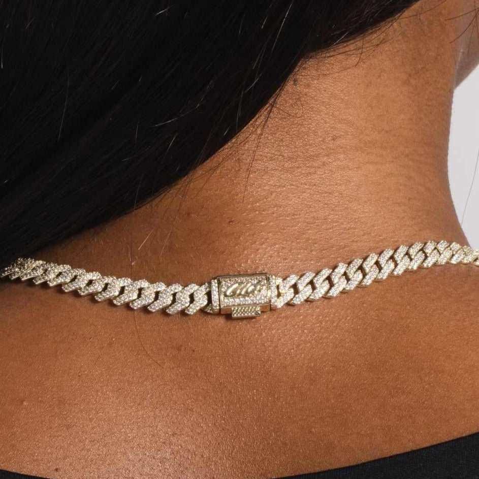 GLD Women 8.5 mm Diamond Prong Cuban Necklace - Yellow Gold
