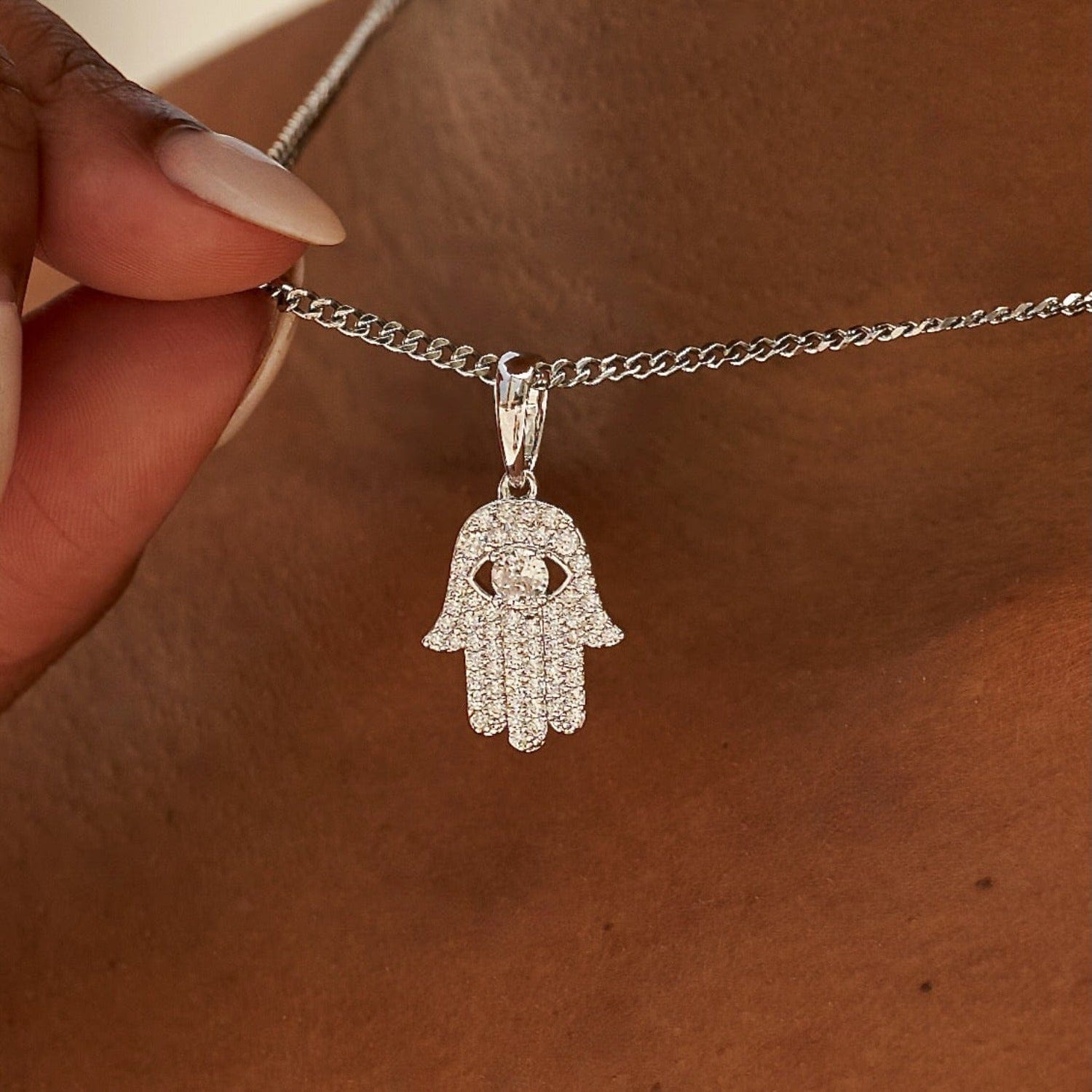 GLD Women Micro Iced Hamsa Pendant in White Gold