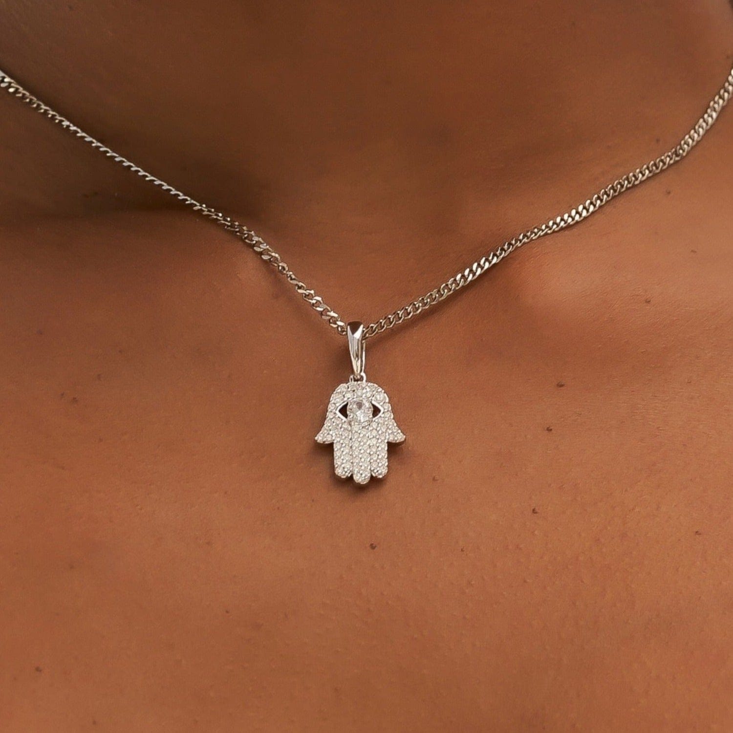 GLD Women Micro Iced Hamsa Pendant in White Gold