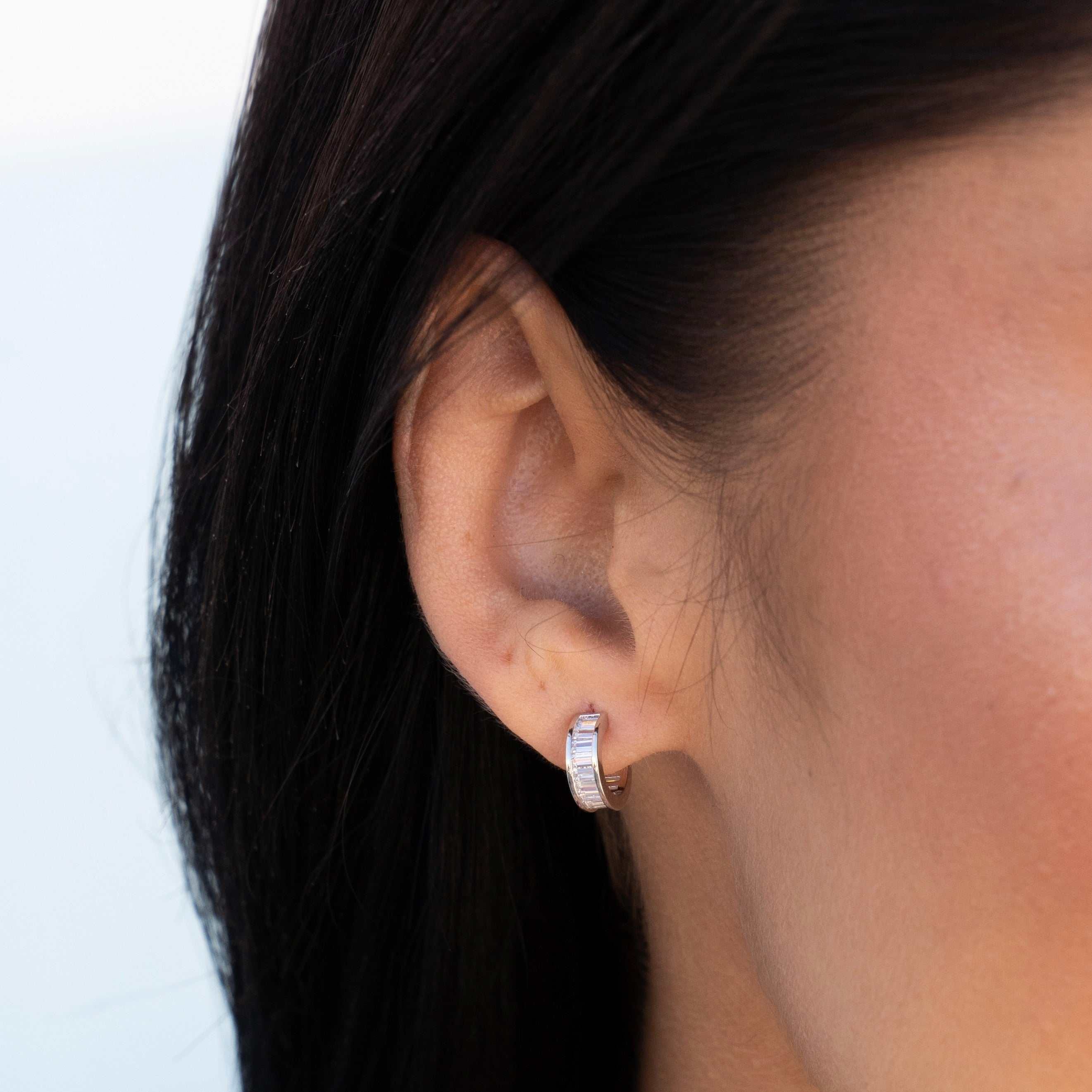 GLD Women Baguette Hoop Stud Earrings in White Gold
