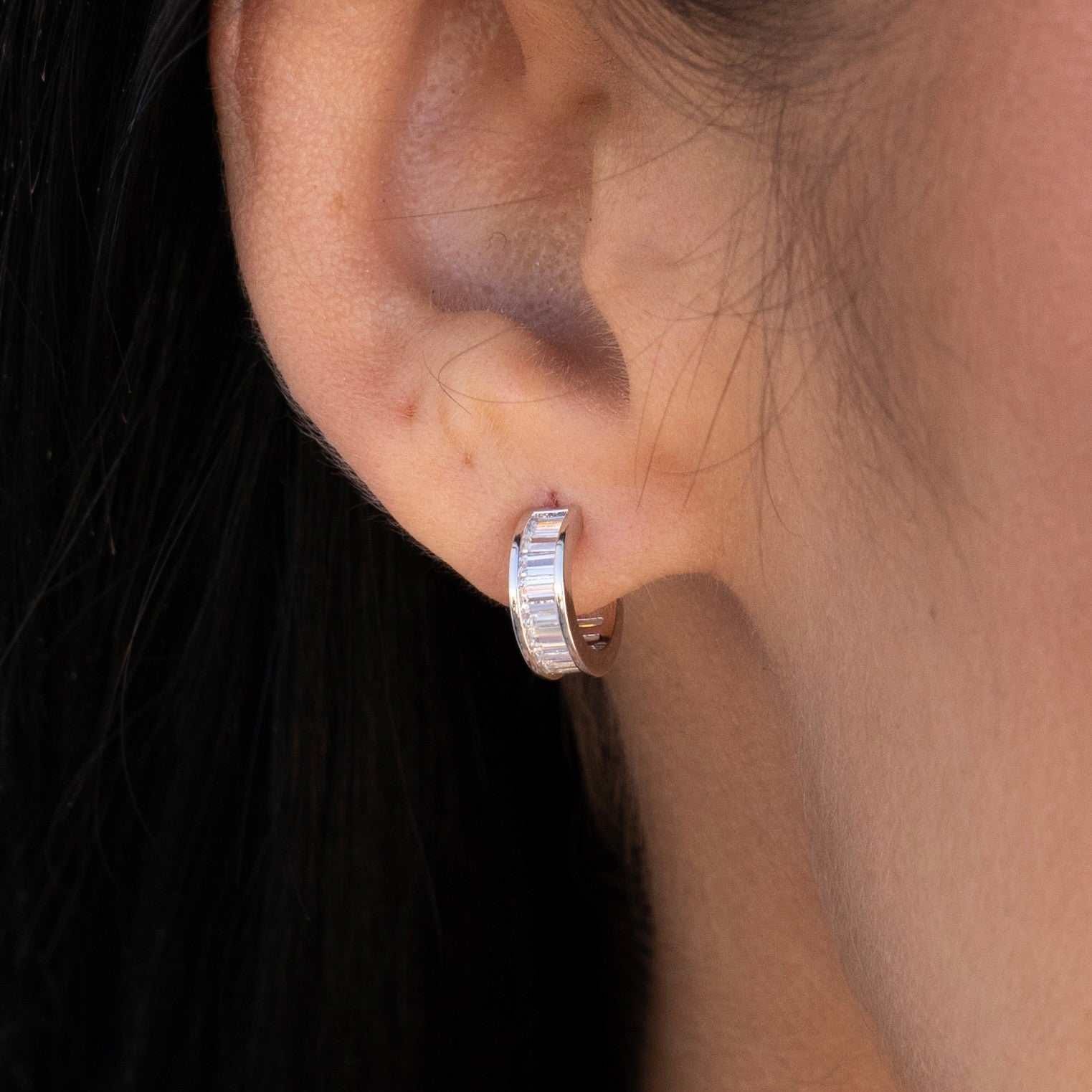 GLD Women Baguette Hoop Stud Earrings in White Gold