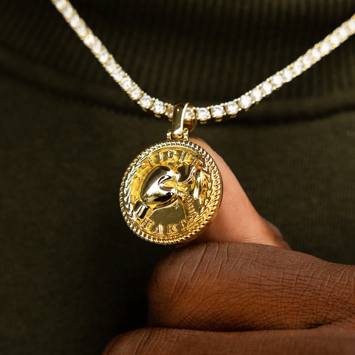 GLD Men Fight Hard Coin Pendant