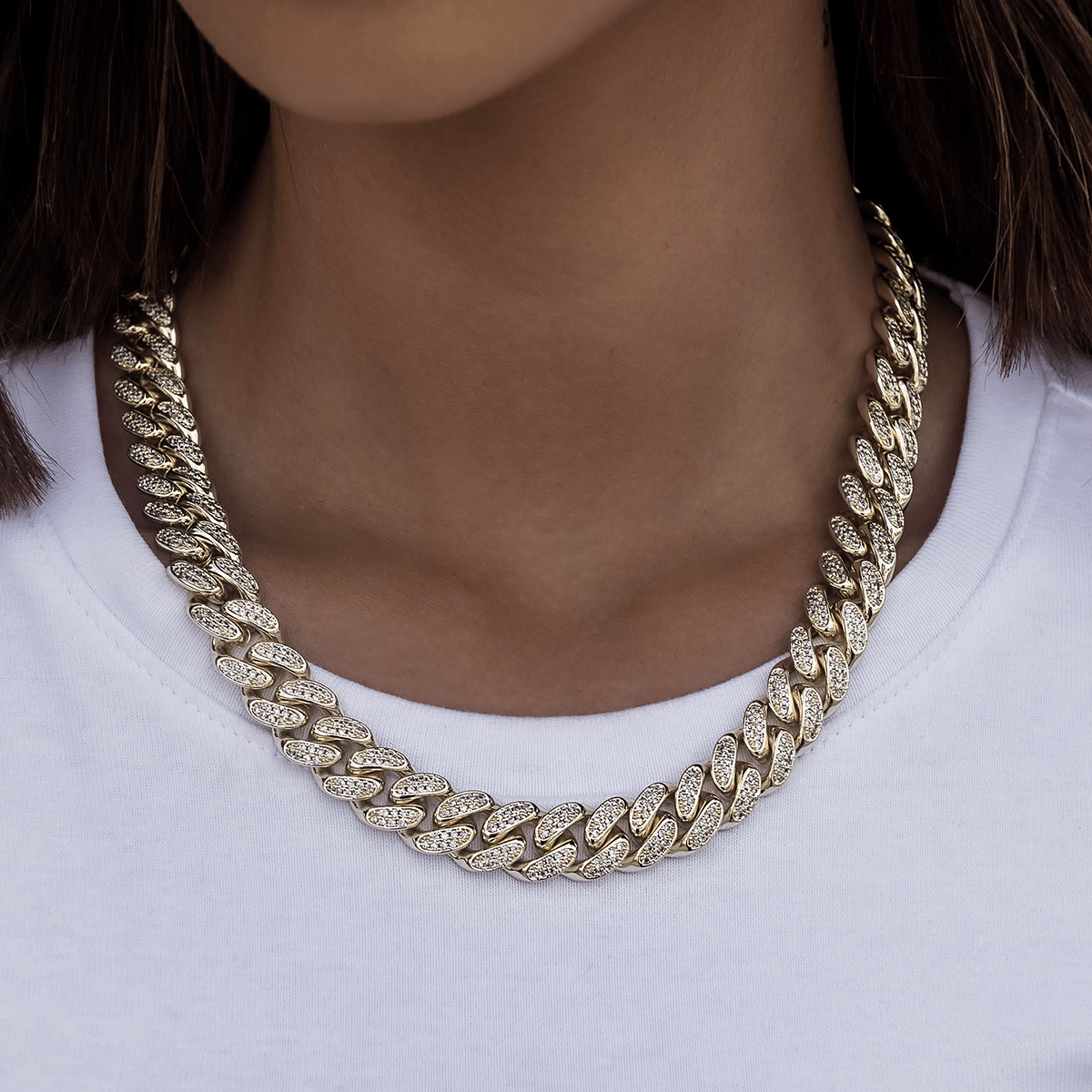 GLD Women Diamond Cuban Link Necklace in Yellow Gold - 12 mm