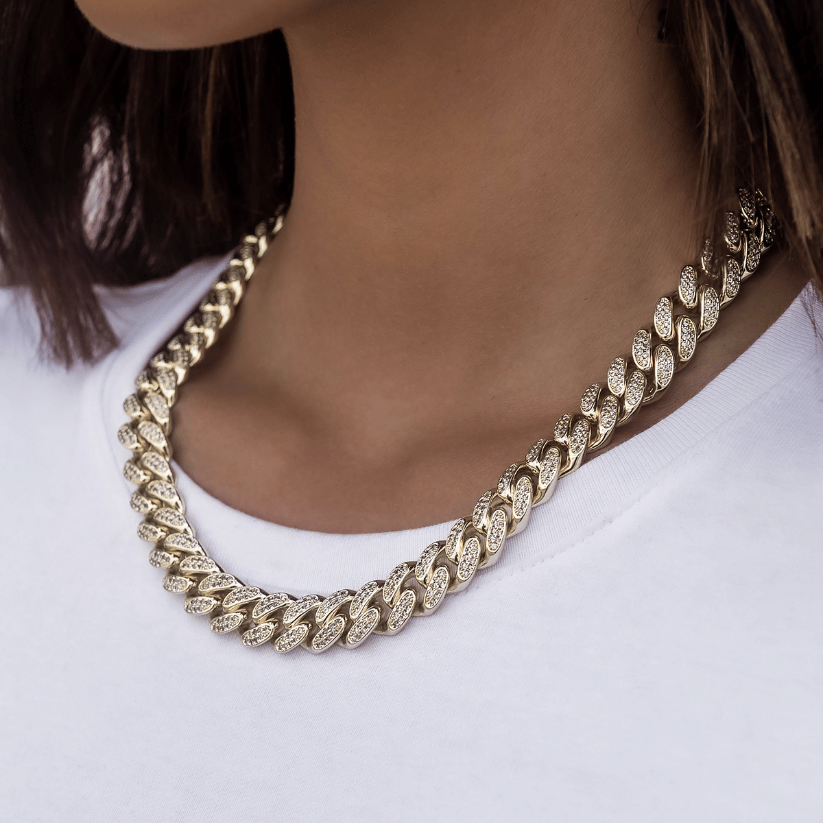 GLD Women Diamond Cuban Link Necklace in Yellow Gold - 12 mm