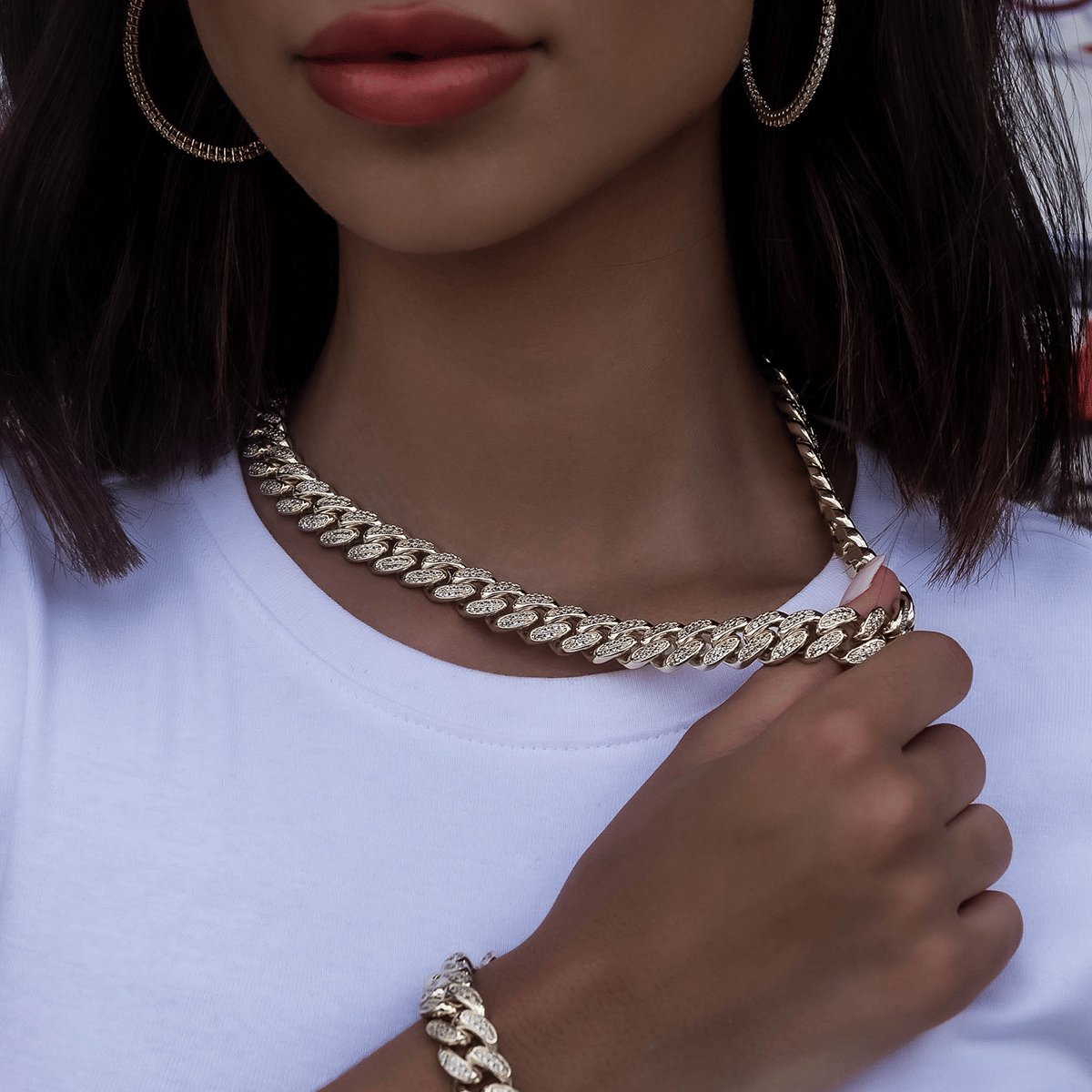 GLD Women Diamond Cuban Link Necklace in Yellow Gold - 12 mm