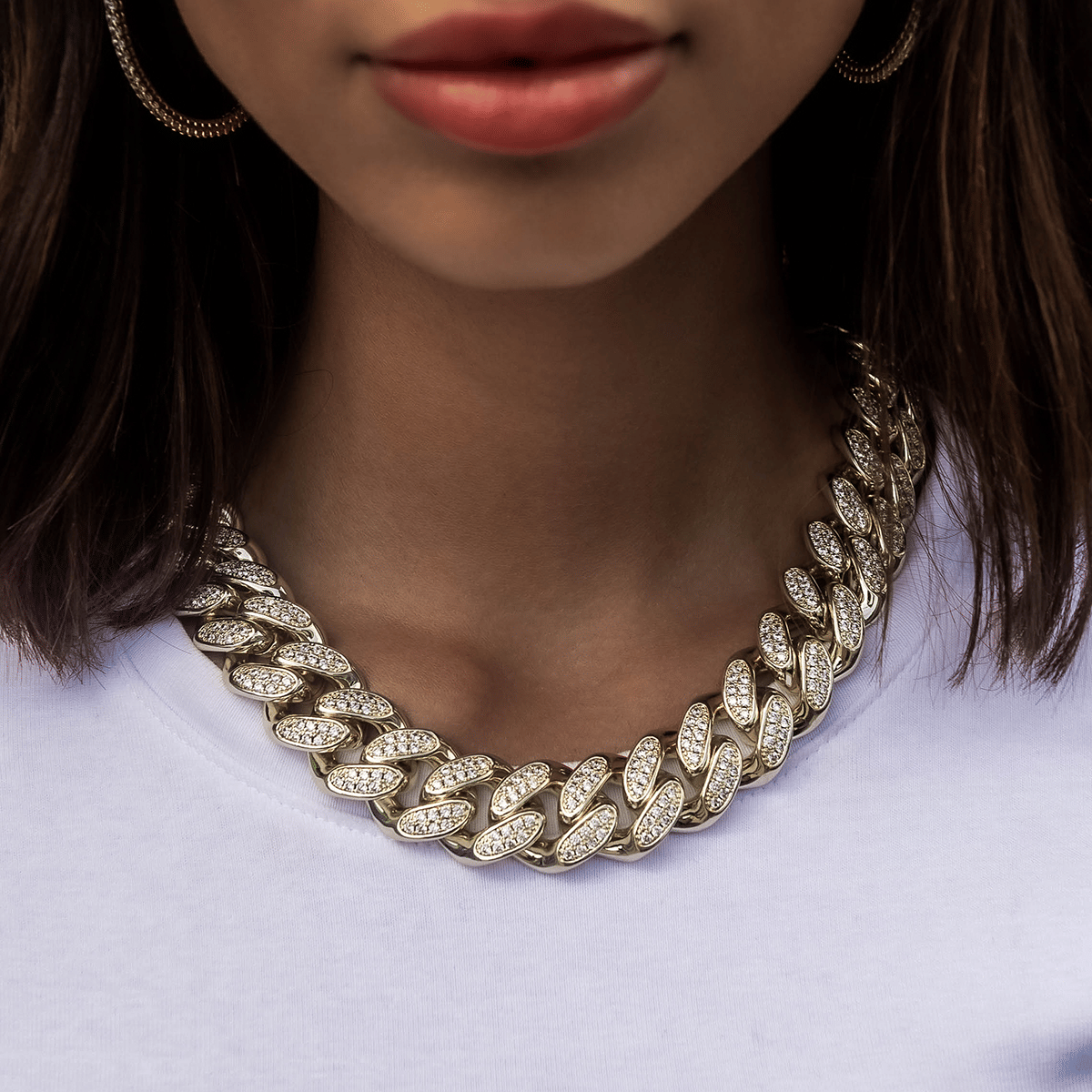 GLD Women Diamond Cuban Link Necklace in Yellow Gold - 19 mm