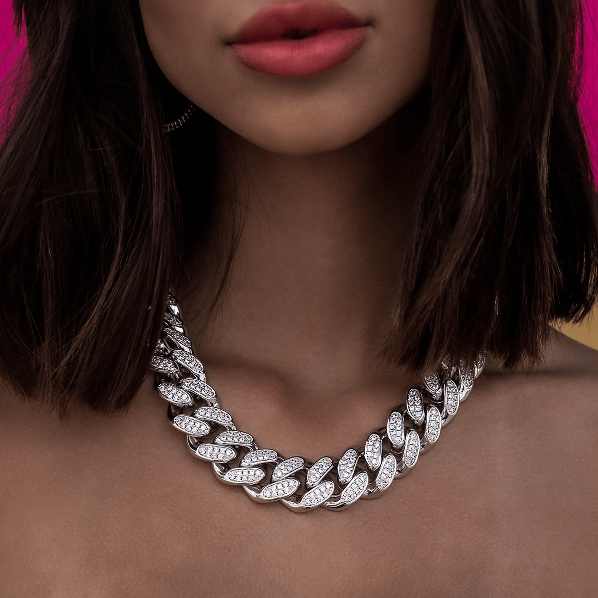 GLD Women Diamond Cuban Link Necklace in White Gold - 19 mm